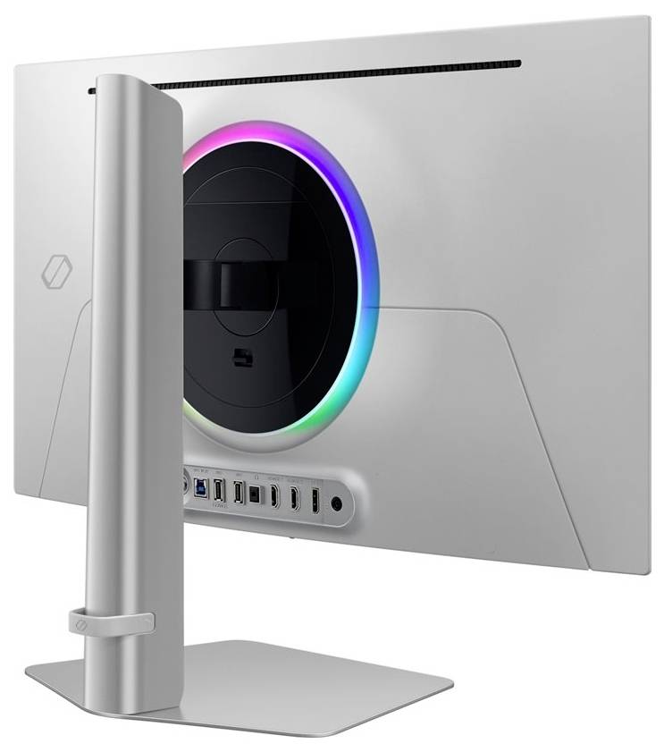 Zadní strana moderního počítačového monitoru s duhovou LED podsvícením okolo držáku, několika USB porty a ergonomickou podstavou.