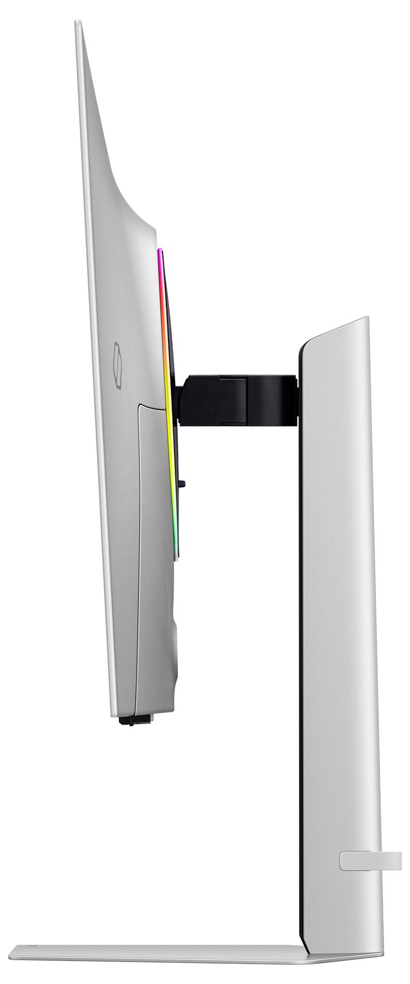 Moderní počítačový monitor z bočního pohledu ukazuje štíhlý, minimalistický design s úzkým stojanem.