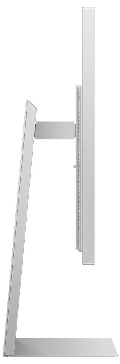 Boční pohled na moderní, štíhlý počítačový monitor umístěný na otočném stojanu. Minimalistický design v stříbrné barvě.