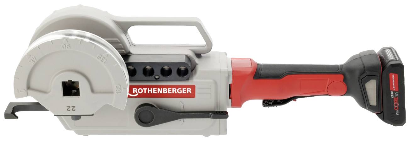 Ruční elektrický nástroj s nápisem 'Rothenberger' na straně. Má červenou rukojež a velké kulaté ostří.