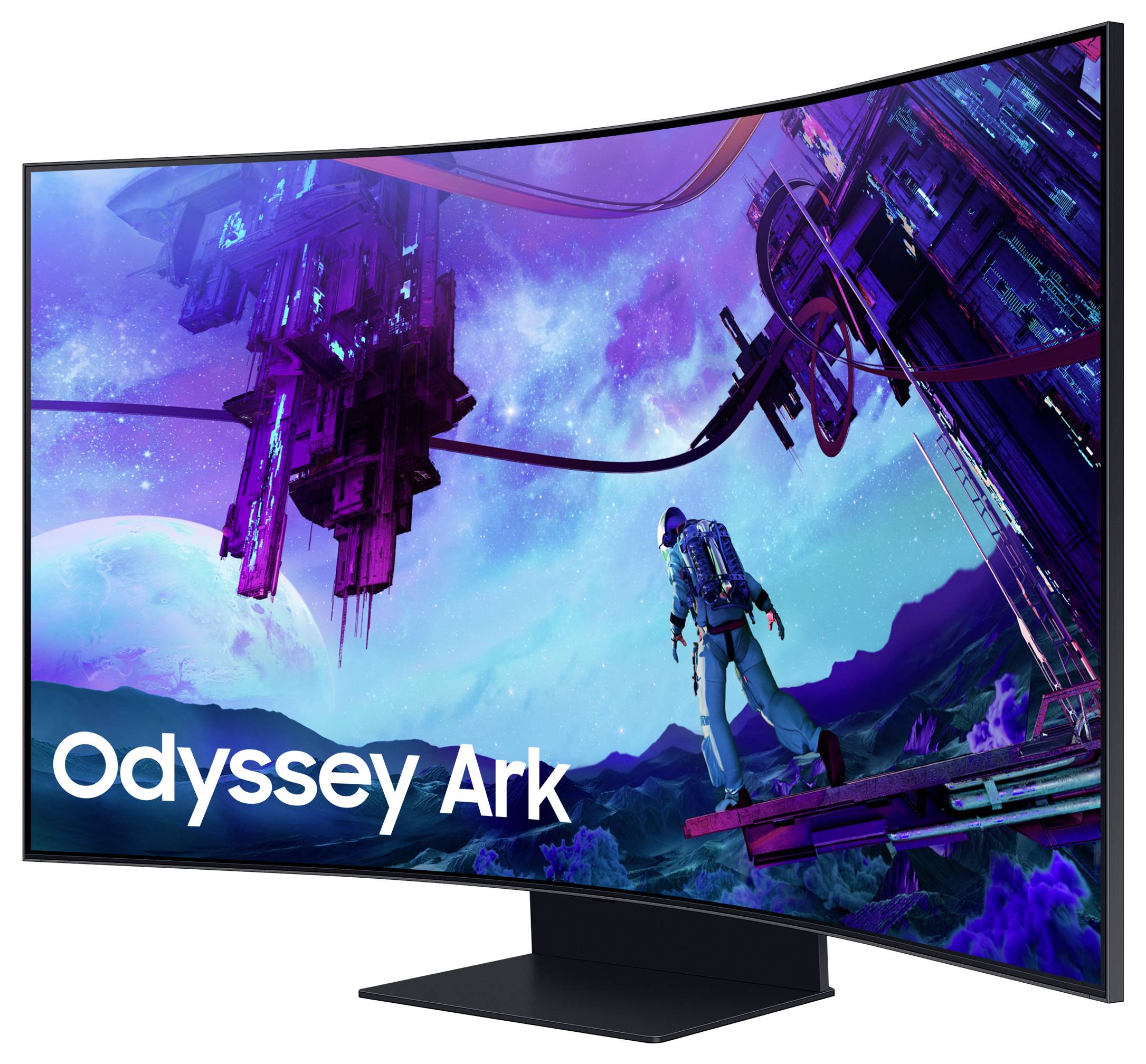 Astronaut stojí na futuristické plošině pod fialovo-modrým nebem. Text na obrazovce: 'Odyssey Ark'.