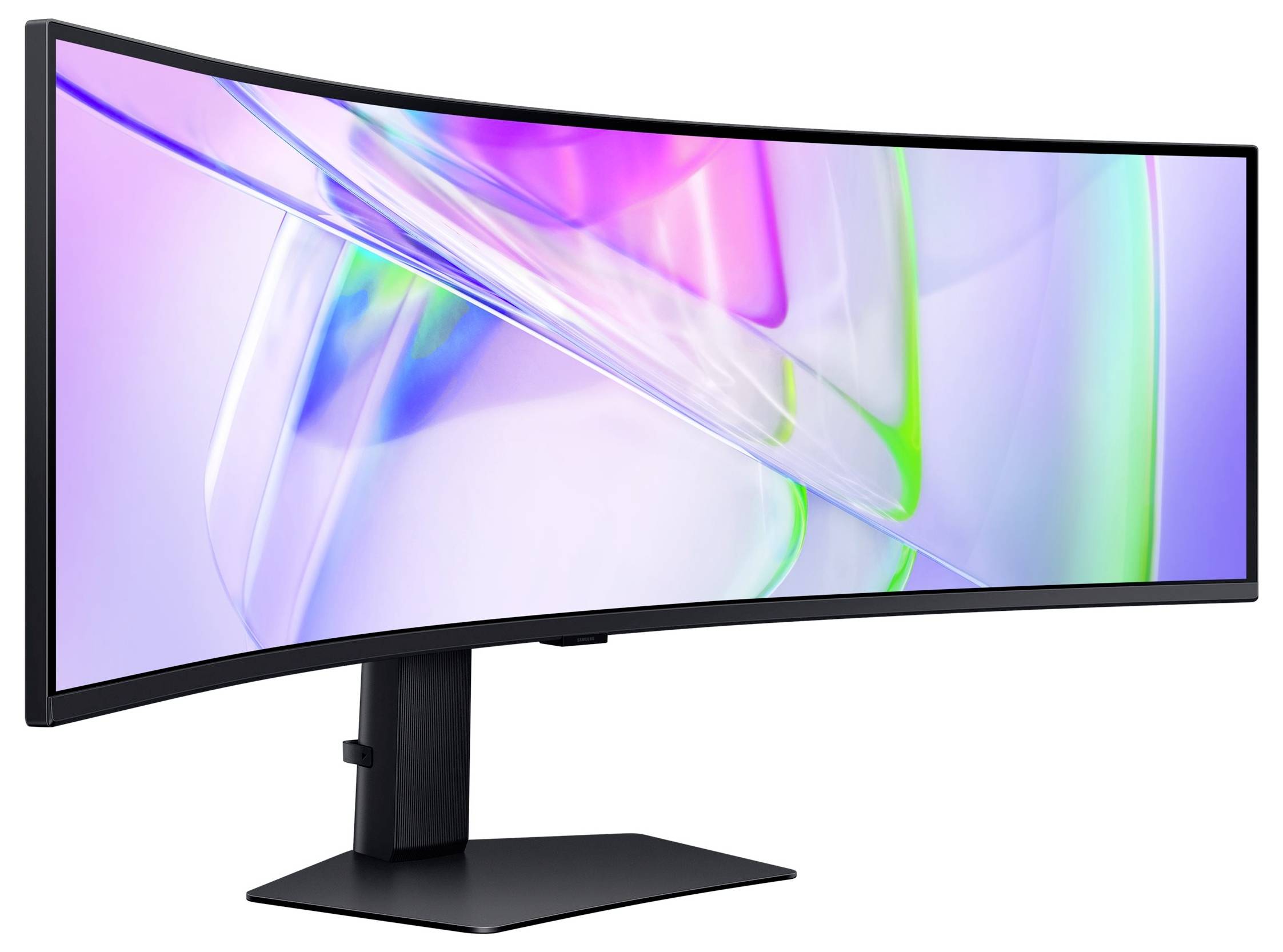 Velký zakřivený počítačový monitor s jasným, abstraktním pozadím v odstínech růžové, fialové a zelené.