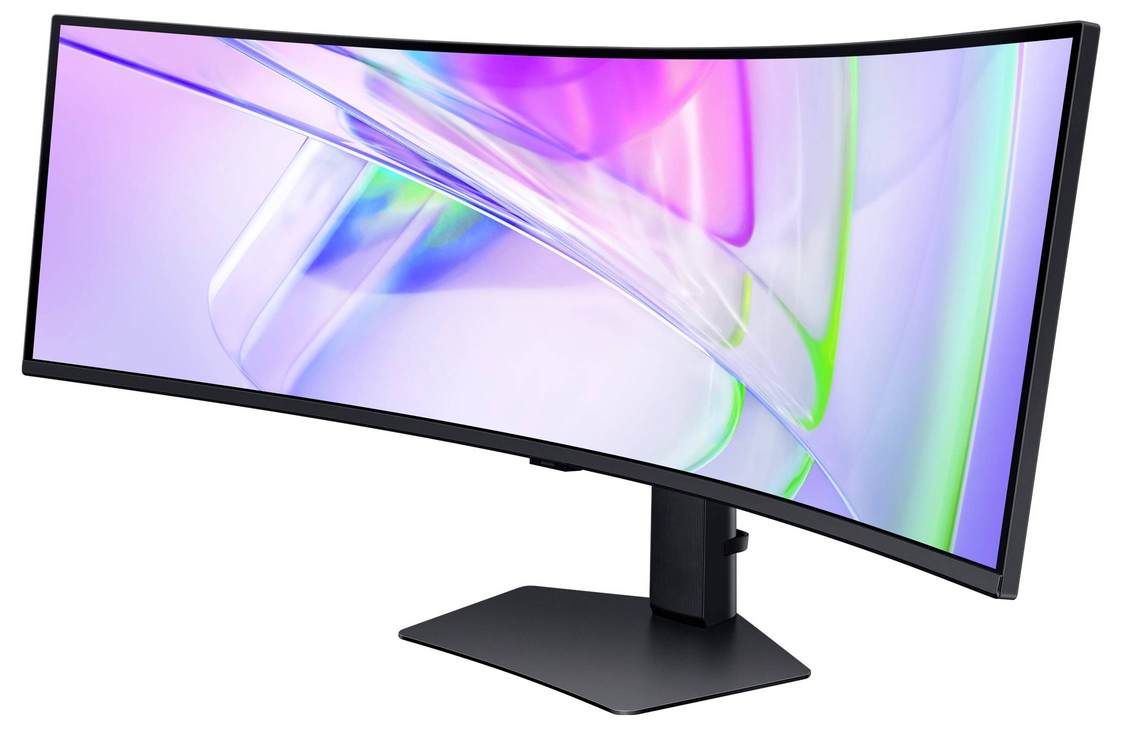 Ultraširoký zakřivený monitor s úzkým rámečkem na stabilní podstavě. Displej zobrazuje abstraktní, pestrobarevné tvary.