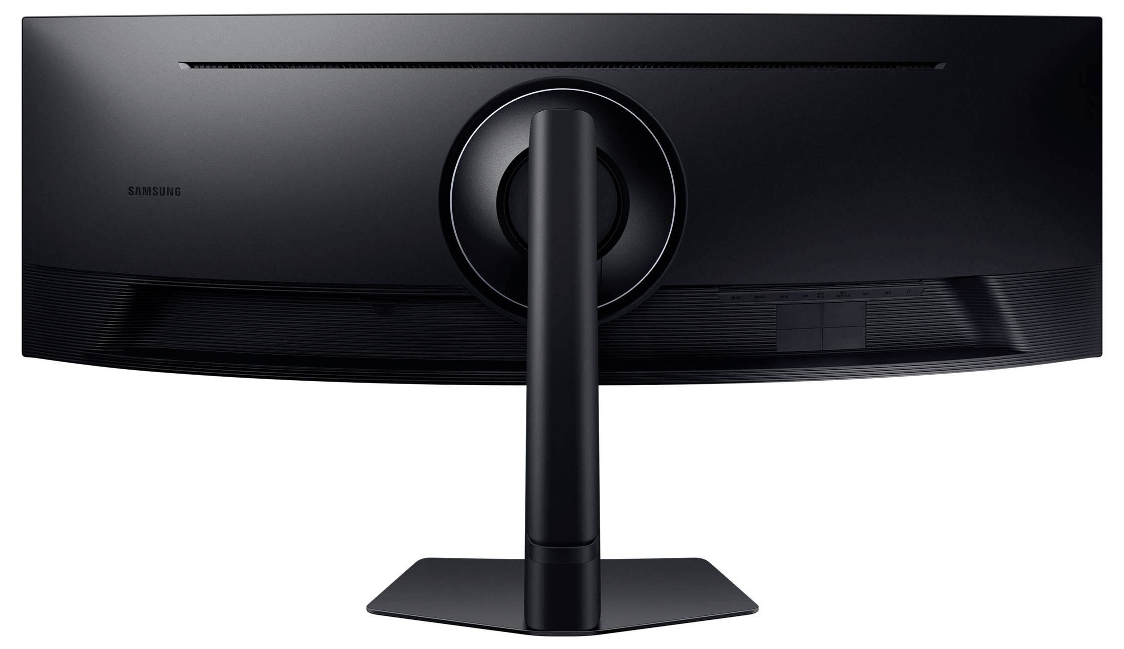 Pohled zezadu na černý zakřivený monitor na stojanu. Monitor je široký a vhodný pro hraní her nebo multimédia.