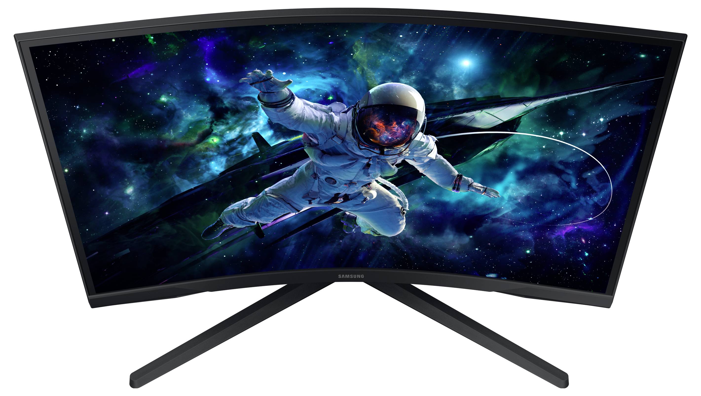 Astronaut vznášející se v kosmickém prostoru je zobrazen na zakřiveném monitoru s barevným, zářícím pozadím.