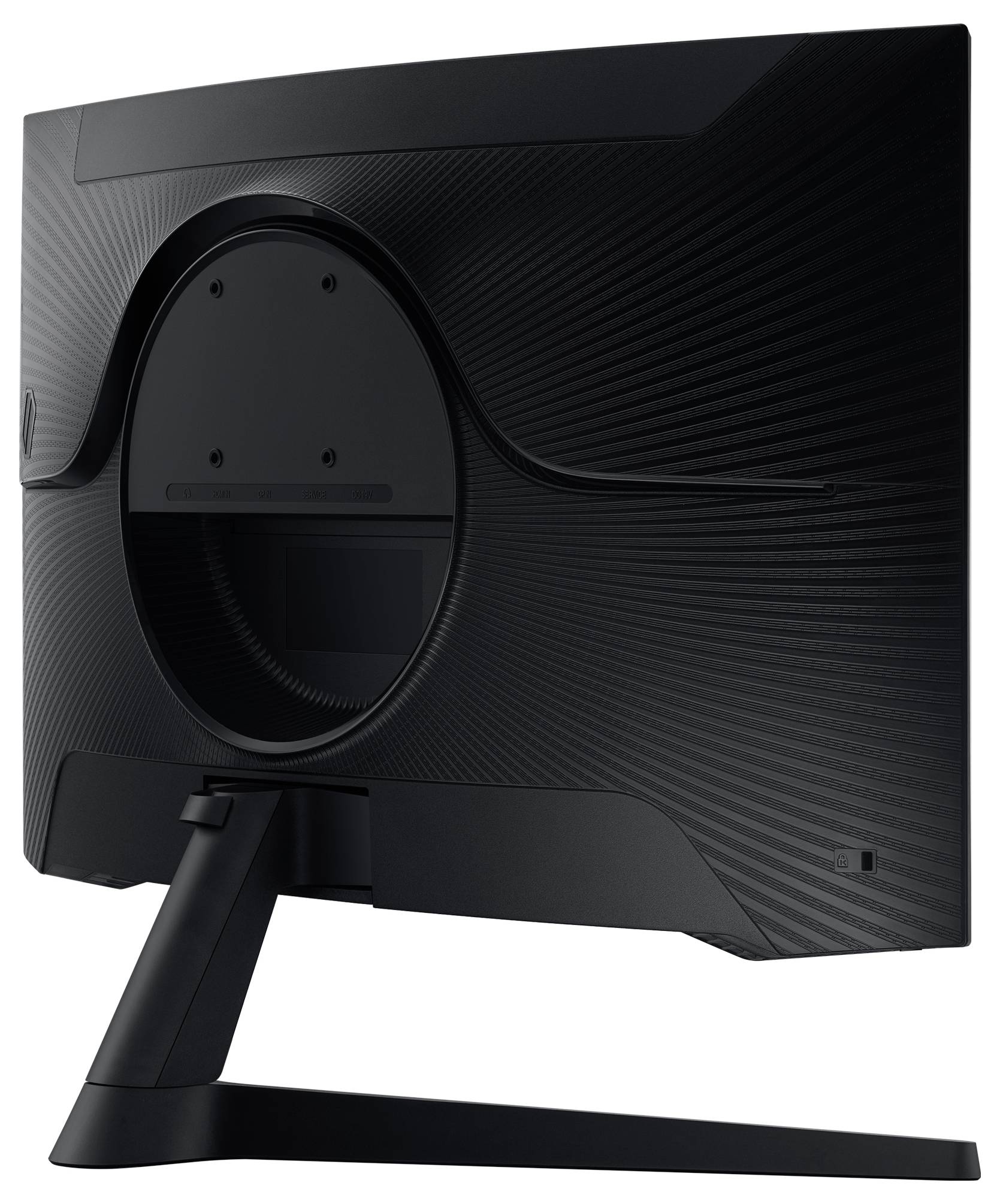 Pohled zezadu na moderní černý počítačový monitor s elegantní stojanovou základnou a strukturovaným tělem.