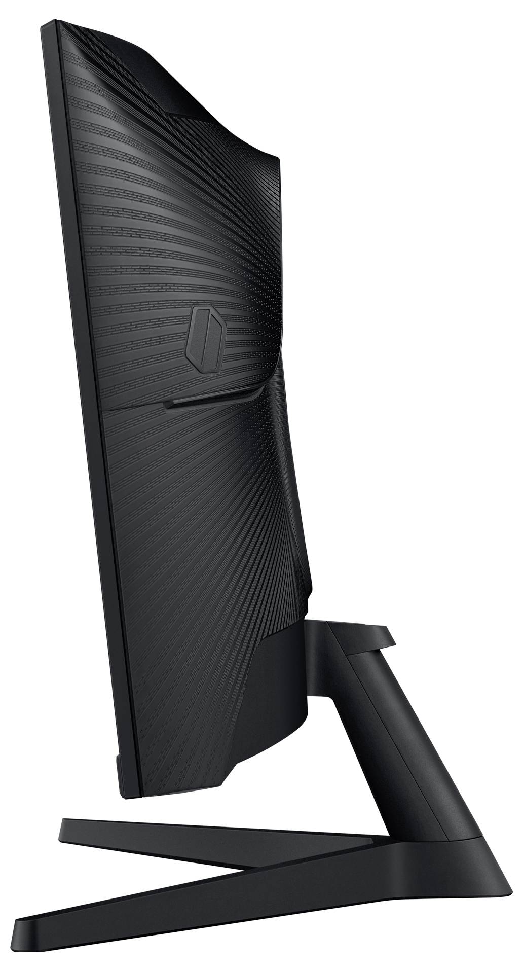 Monitor je zobrazen z boku a ukazuje štíhlý, moderní design se stabilní podstavou.