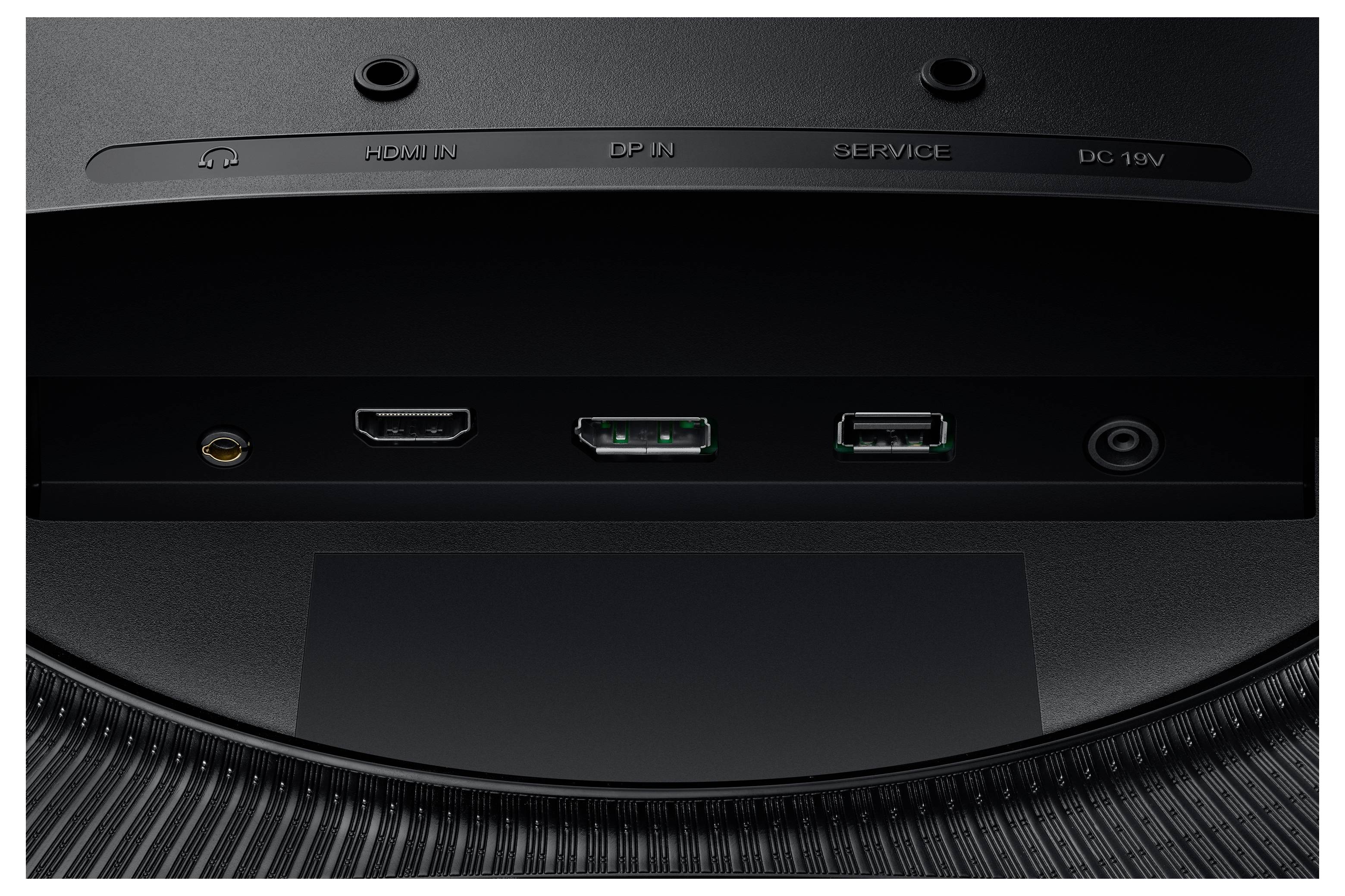 Zadní strana monitoru s konektory: HDMI, DisplayPort, servisní port, DC 19V, sluchátková a USB připojení.