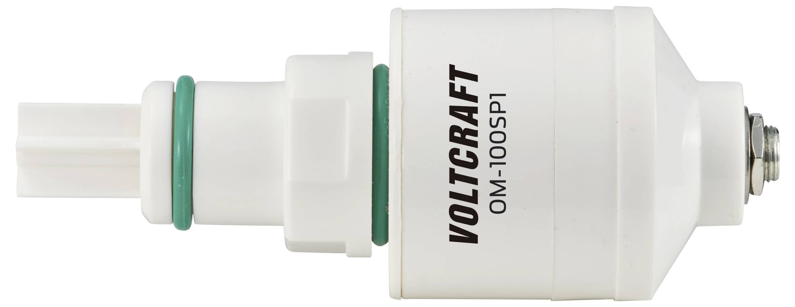 Senzorické zařízení s nápisem 'Voltcraft OM-100SP1', válcovitého tvaru, bílý povrch, zelená těsnění na dvou místech.