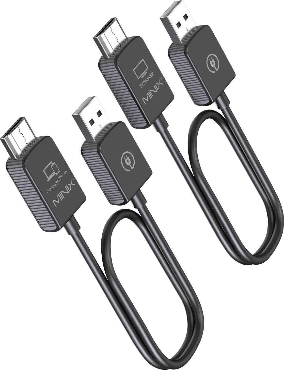 Dva černé USB a HDMI kabely s obdélníkovými konektory a firemními logy. Jsou umístěny vedle sebe.