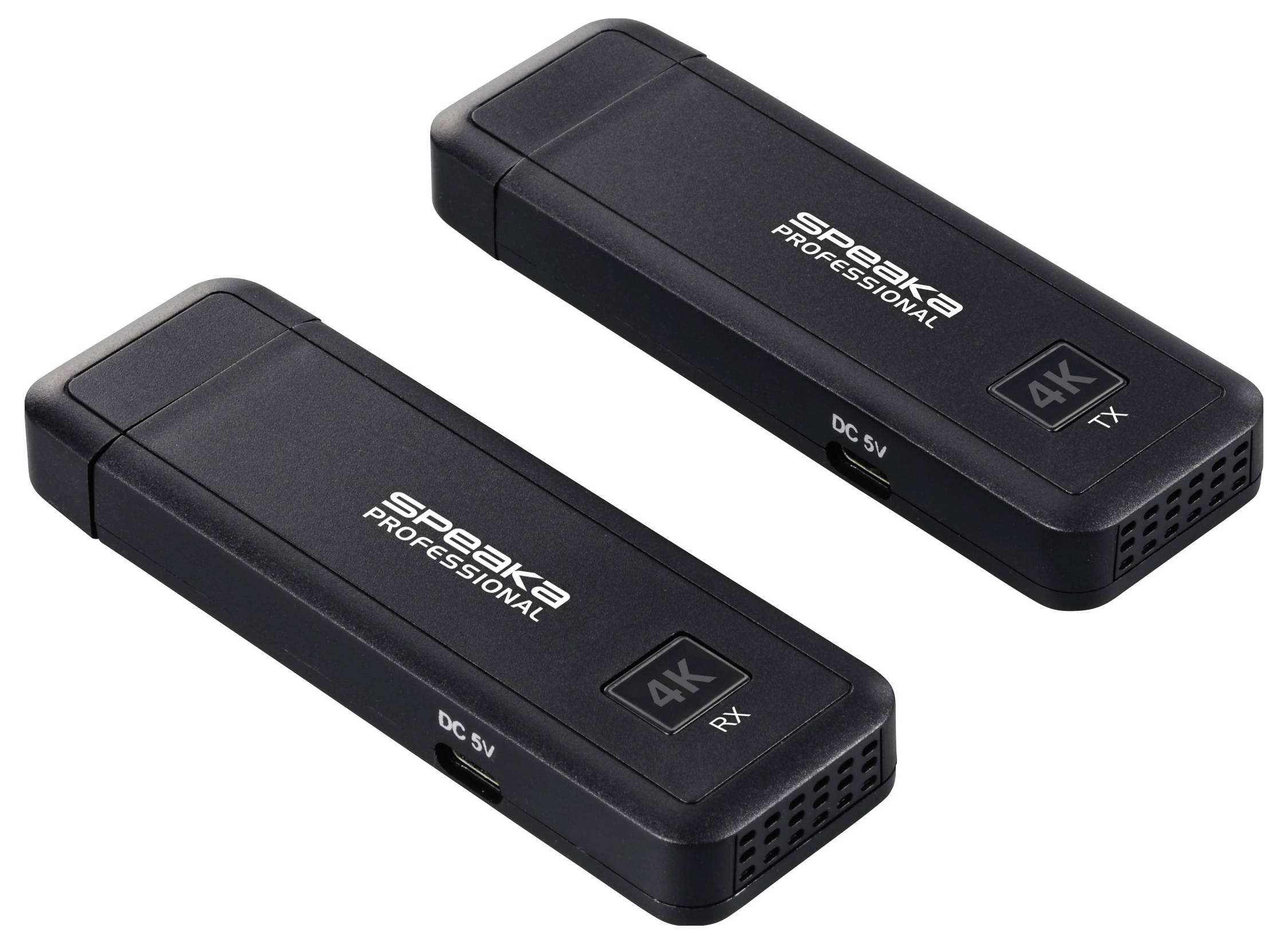 Dva černé, obdélníkové bezdrátové HDMI přenosové zařízení, jeden označený jako 'TX', druhý jako 'RX', s podporou 4K rozlišení.