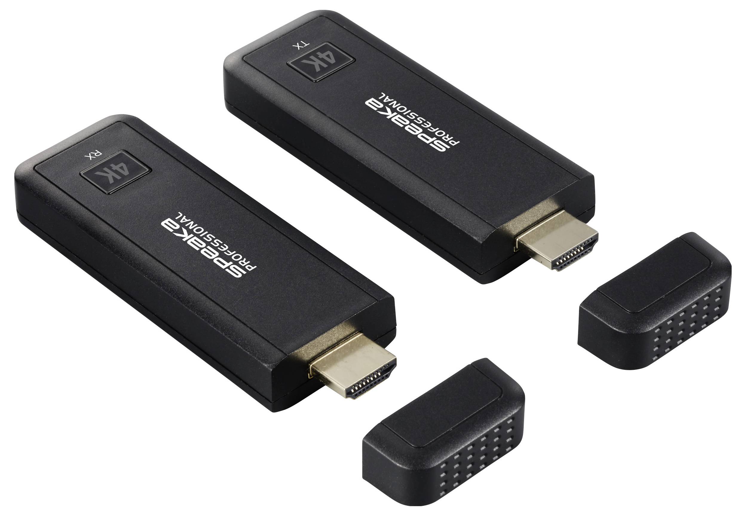 Dva černé HDMI dongly s nápisem '4K', každý s víčkem vedle sebe, leží vedle sebe rovnoběžně.