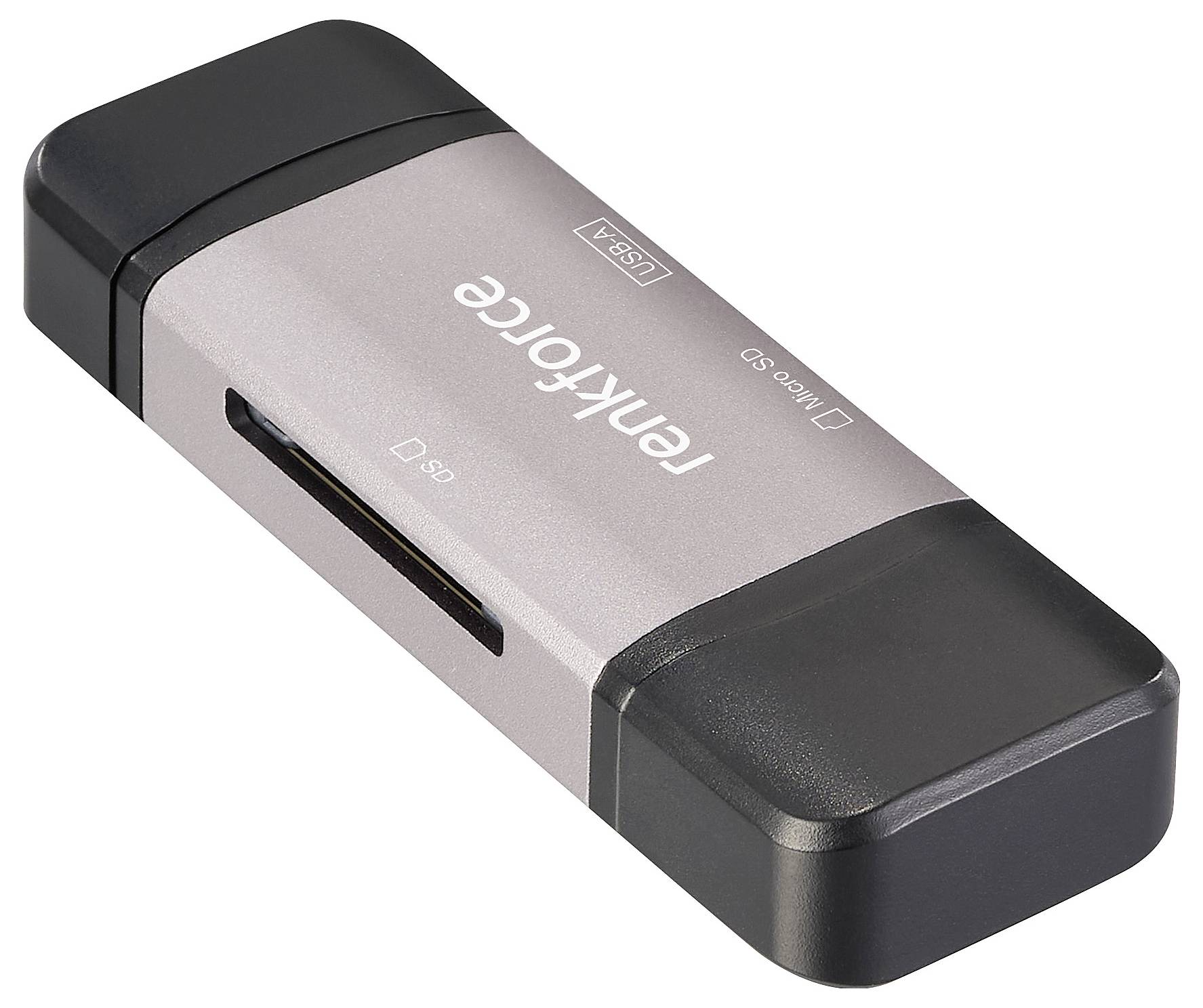 Stříbrná USB čtečka karet s černým okrajem a logem 'renkforce', kompatibilní s SD kartami, zobrazující boční sloty pro karty.