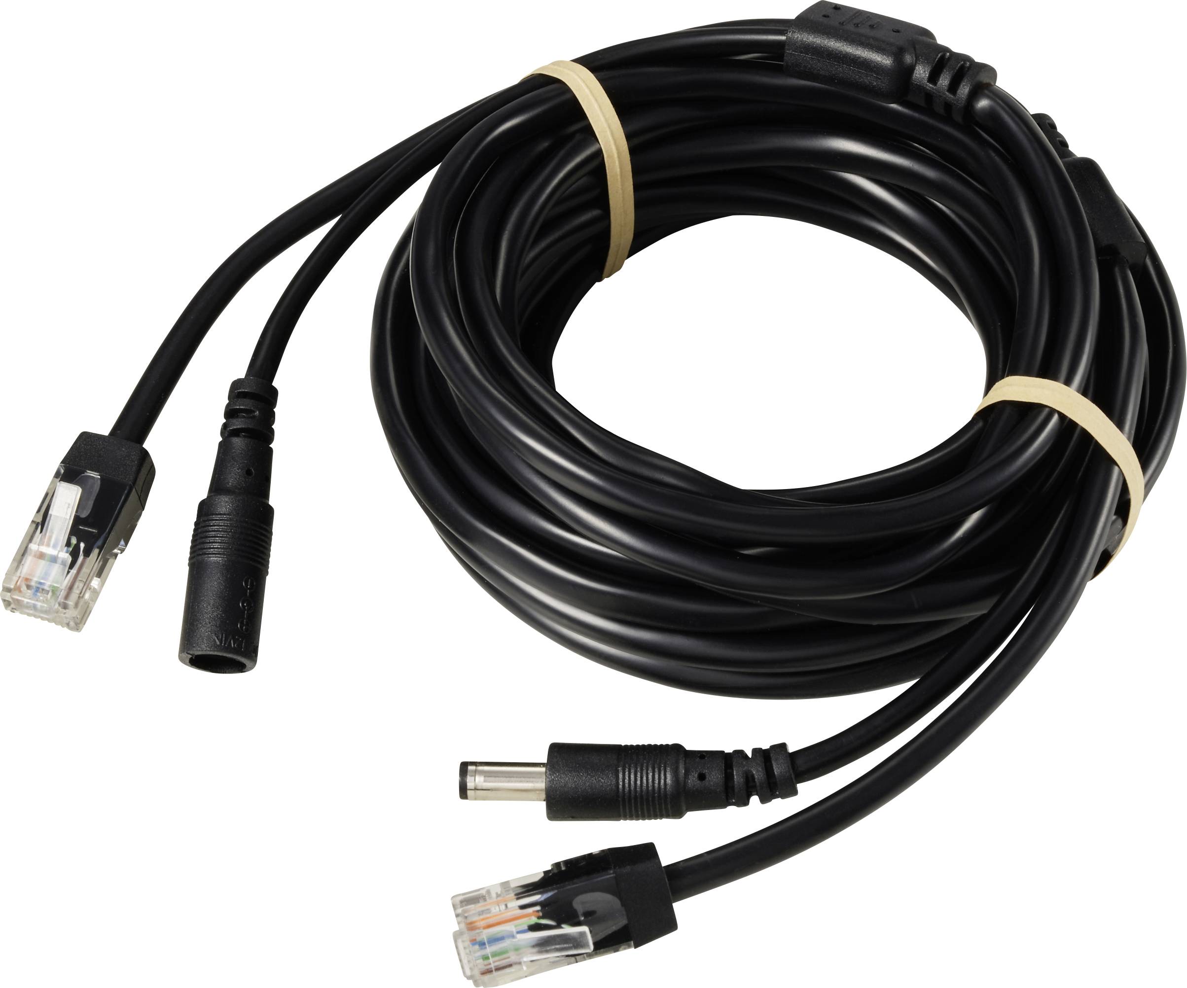 Dlouhý, svinutý černý kabel s dvěma konektory RJ45 a jedním napájecím DC konektorem.