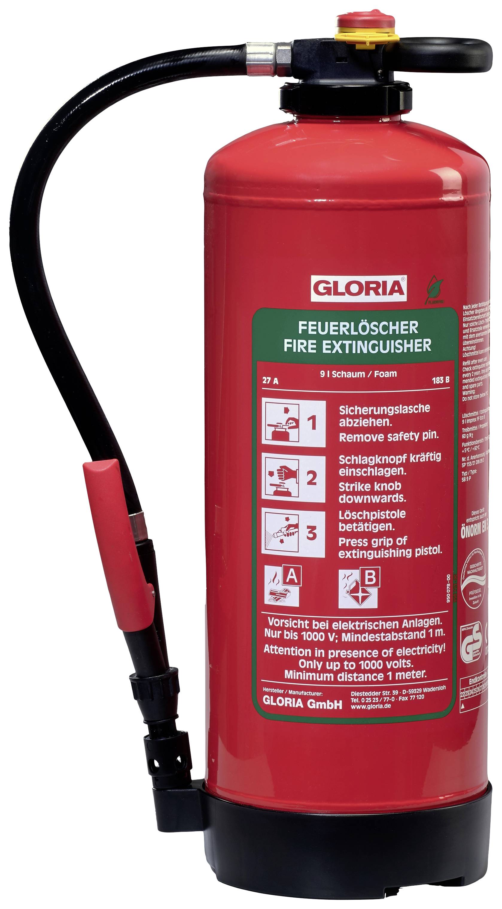 Gloria SB 9 PRO pěnový hasicí přístroj Bez fluorovaných uhlovodíků 9 l Třída hoření: A, B Obsah 1 ks