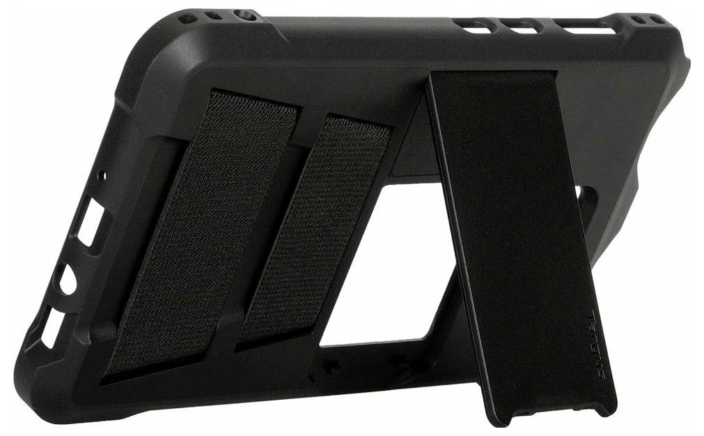 Černý obal na tablet s výklopným stojánkem, který zařízení udrží ve vzpřímené poloze.