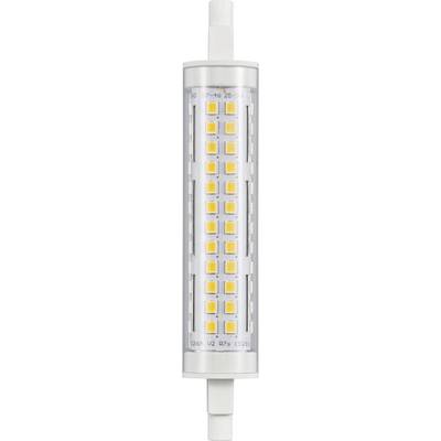 Válcová LED lampa s víceřadými žlutými diodami v stříbrném pouzdře. Má kontaktní piny na obou koncích.