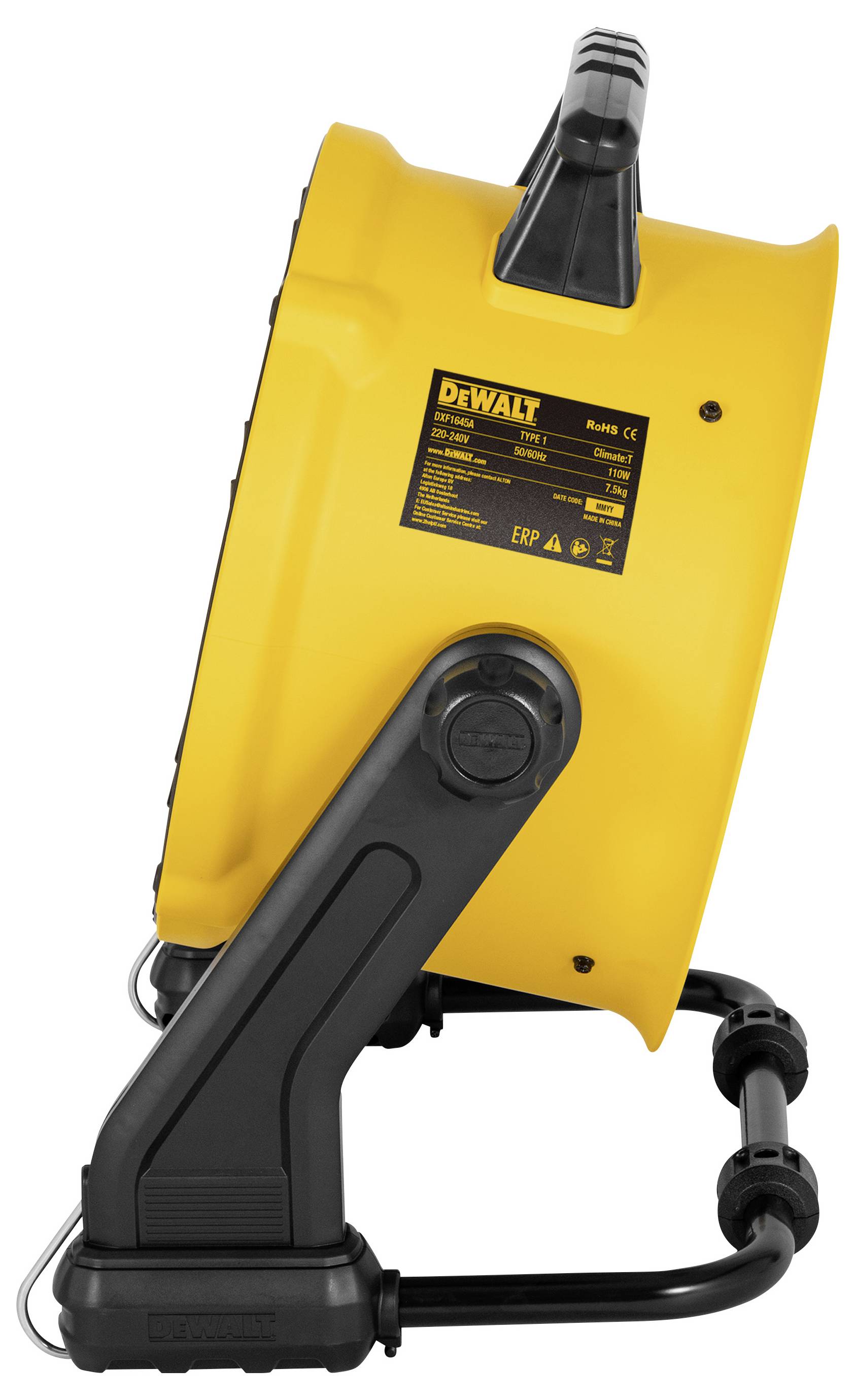 Žlutý stojící ventilátor pohledem z boku, s černou podstavou. Logo a technické údaje jsou viditelné na horní straně.