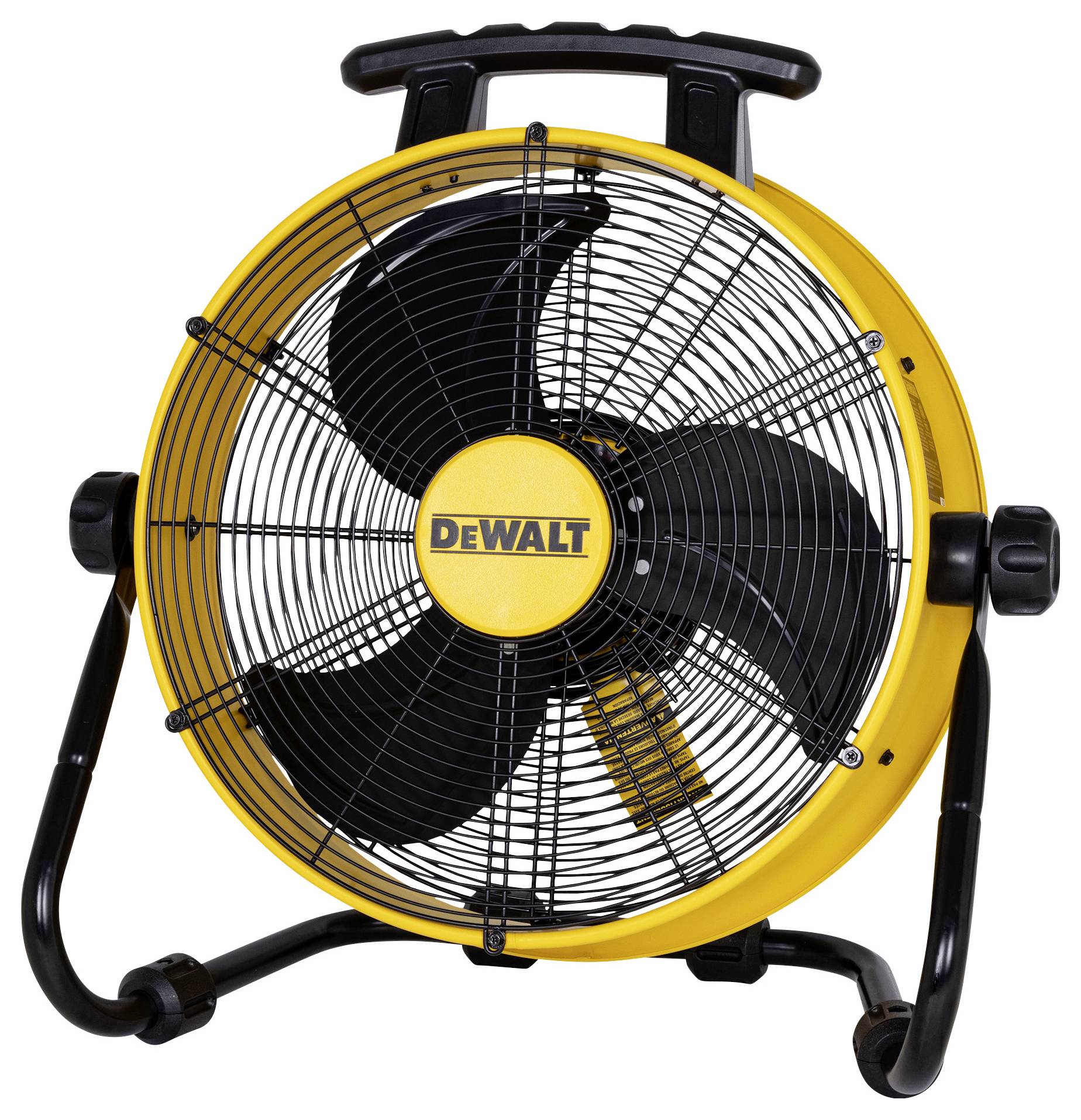 Žlutý průmyslový ventilátor DeWalt s černou podstavou a rotačními listy, stojící vzpřímeně na bílém pozadí.
