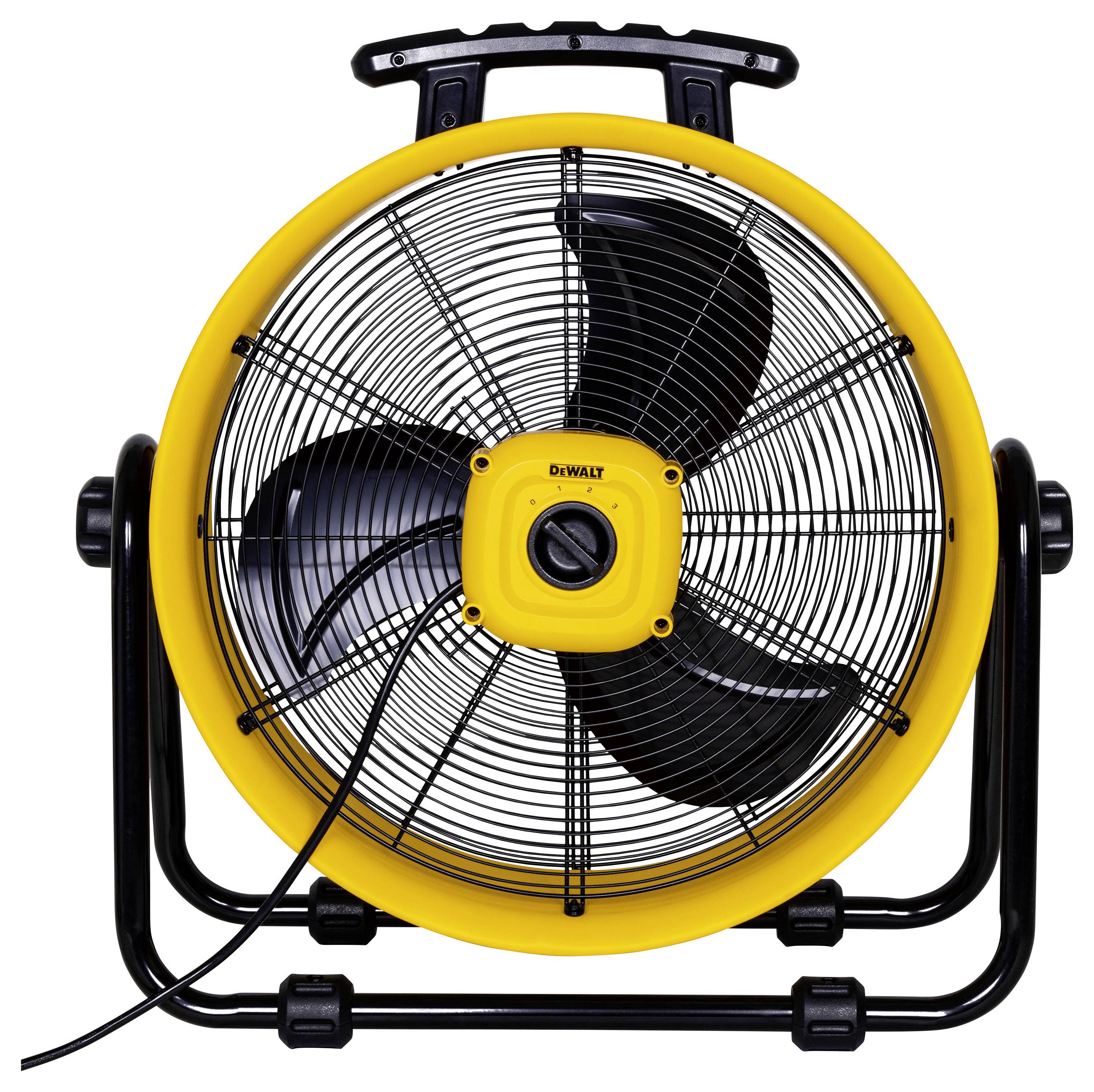 Žlutý průmyslový ventilátor s černou podstavou a černým rotačním listem.