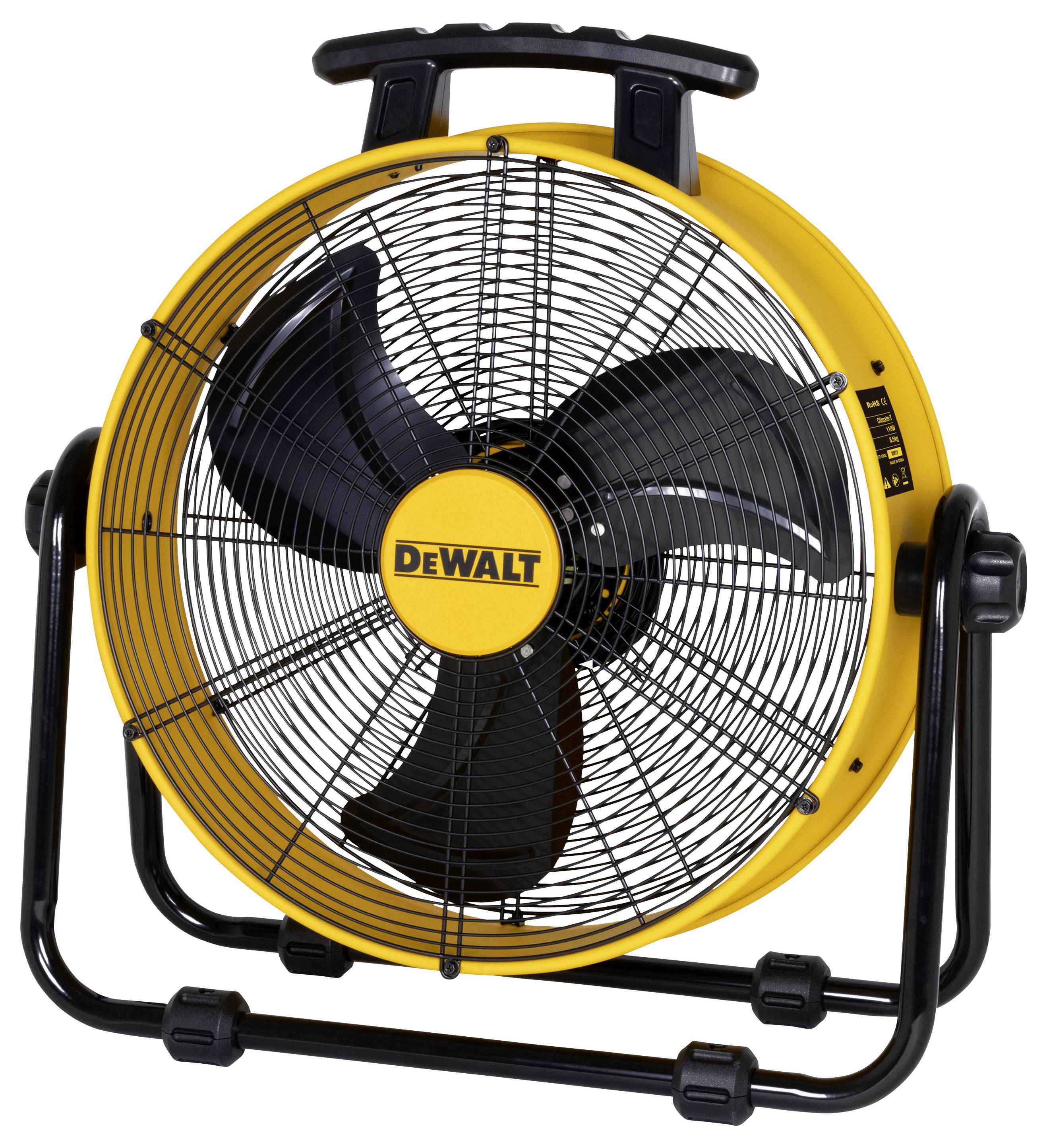 Žlutý přenosný ventilátor značky DeWalt s velkým černým krytem a stabilní podstavou.