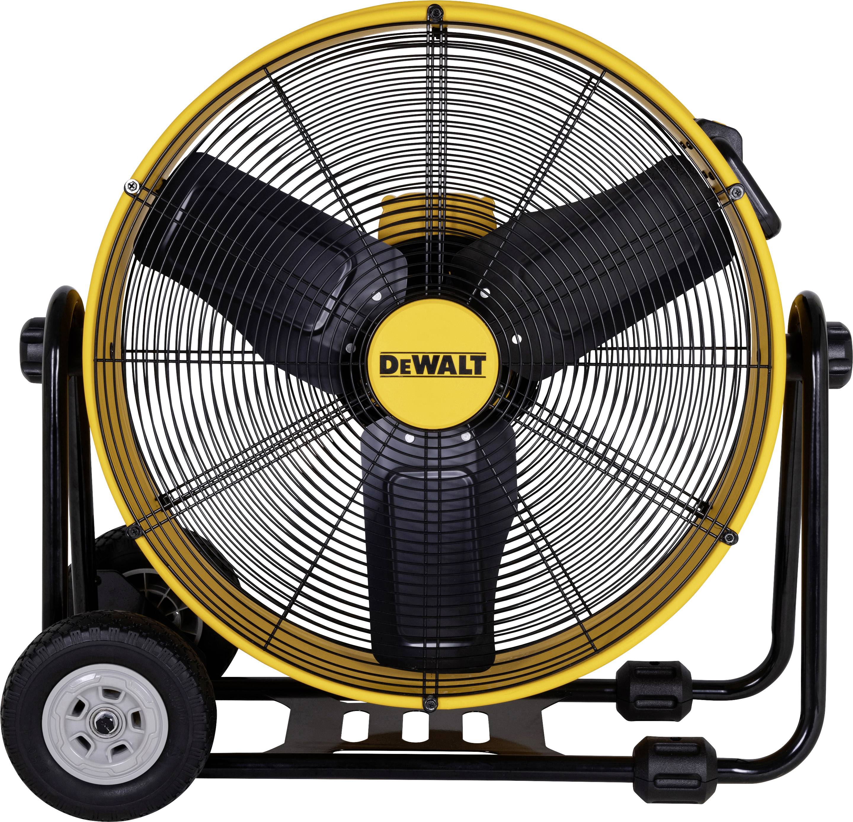 Žlutý a černý průmyslový podlahový ventilátor DEWALT na pojízdném stojanu, zobrazený v přední perspektivě na bílém pozadí.