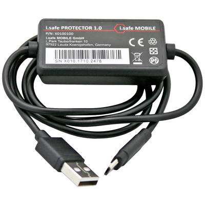 Černý USB kabel se dvěma zástrčkami a malou obdélníkovou jednotkou, označený jako i.safe PROTECTOR 1.0.