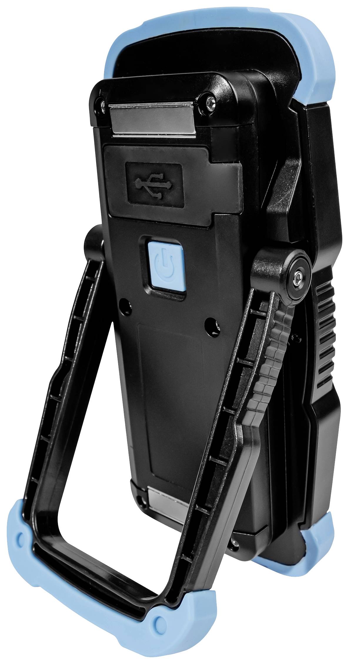 Černá přenosná LED pracovní lampa s modrými akcenty, skládací rukojeť a USB port na zadní straně.