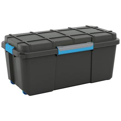Černý plastový úložný box s modrým madlem a uzavíratelným víkem, umístěný na kolečkách. Vhodný pro všestranné uskladnění.