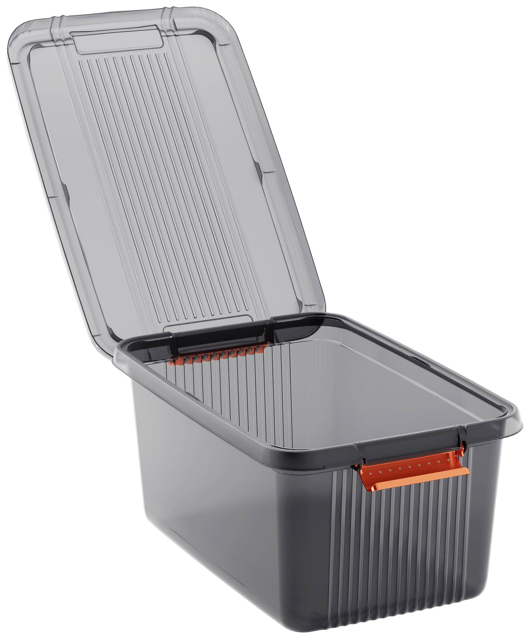 Šedý plastový úložný box s otevřeným víkem a oranžovými úchyty, ideální pro ukládání předmětů.