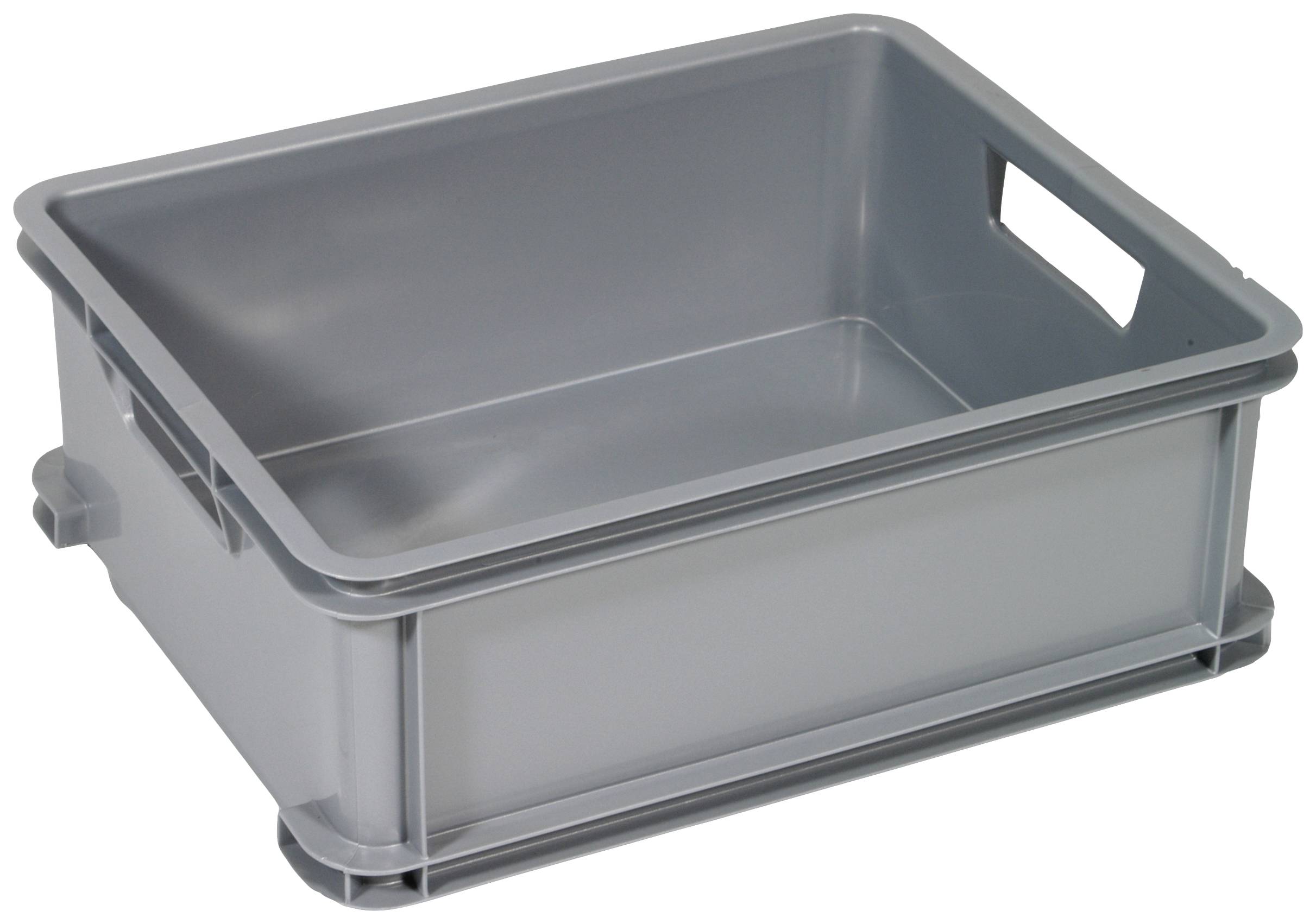 Šedý plastový box s úchyty po stranách, vhodný pro skladování nebo přepravu.