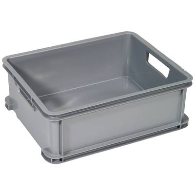 Šedý plastový box s úchyty po stranách, vhodný pro skladování nebo přepravu.