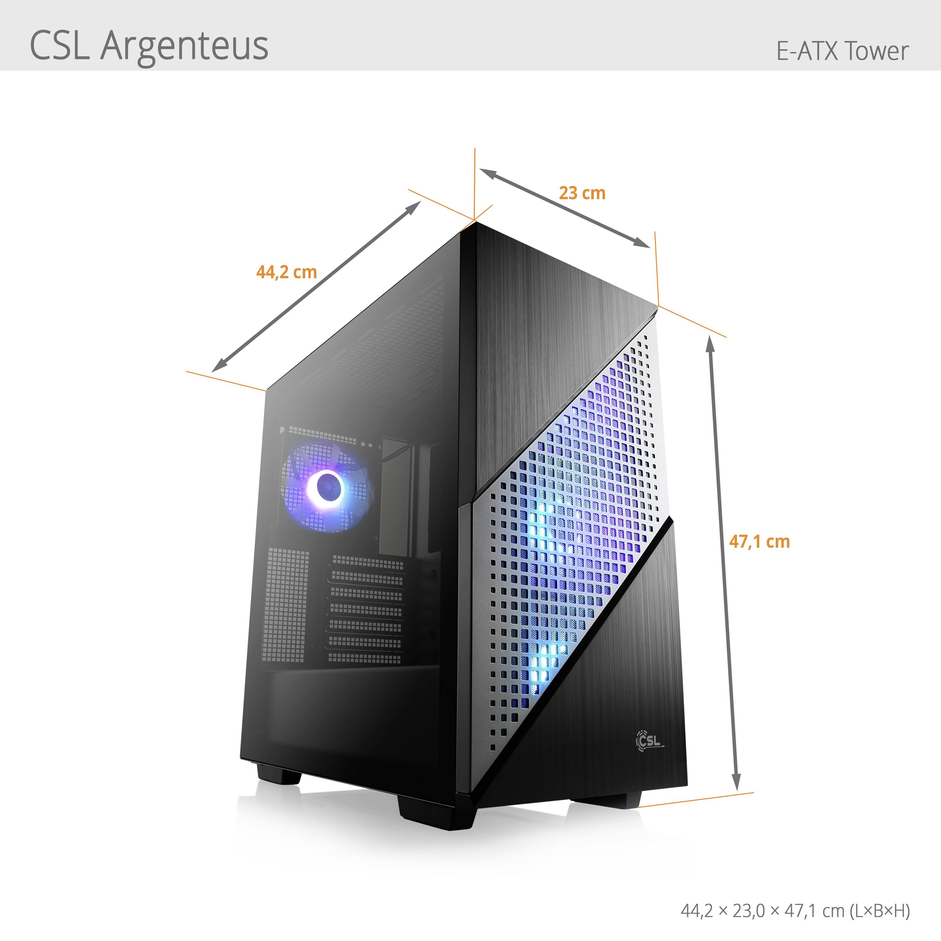 Skříň 'CSL Argenteus E-ATX Tower': Moderní design s RGB podsvícením, rozměry 44,2 cm x 23 cm x 47,1 cm.