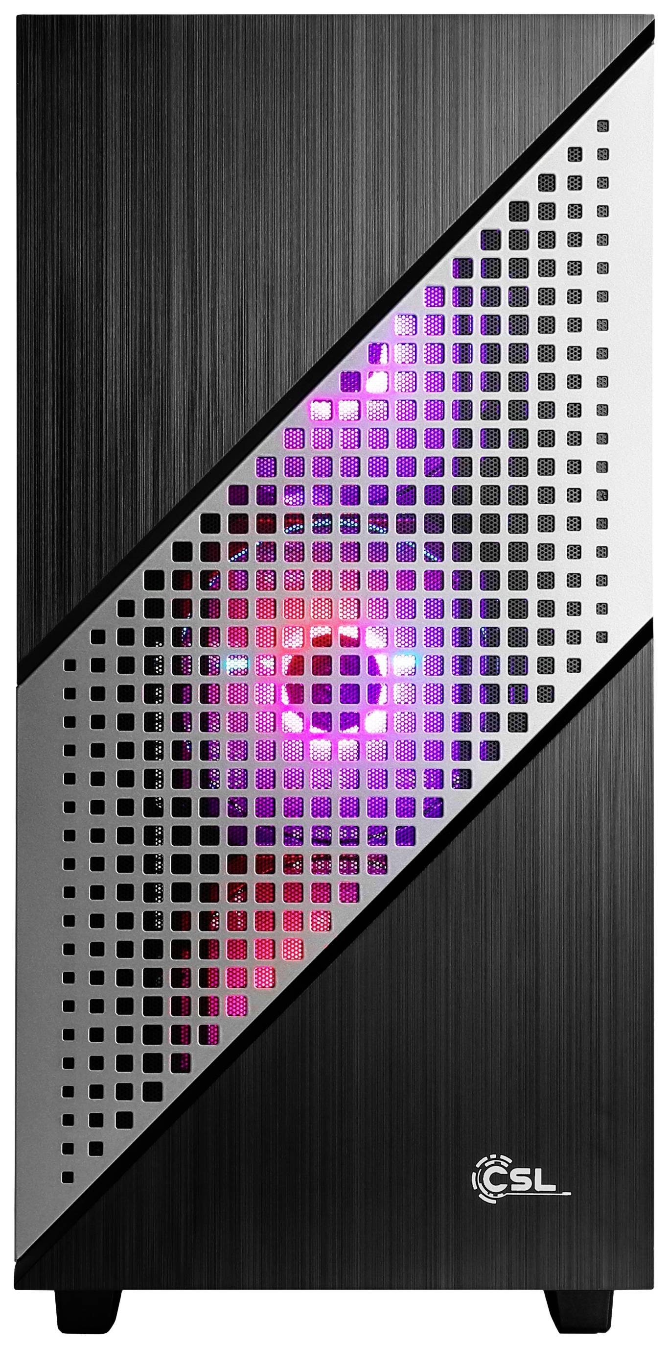 Černá PC skříň s diagonálním mřížkovým vzorem a svítícím LED osvětlením v růžové a fialové barvě, logo CSL umístěné dole vpravo.