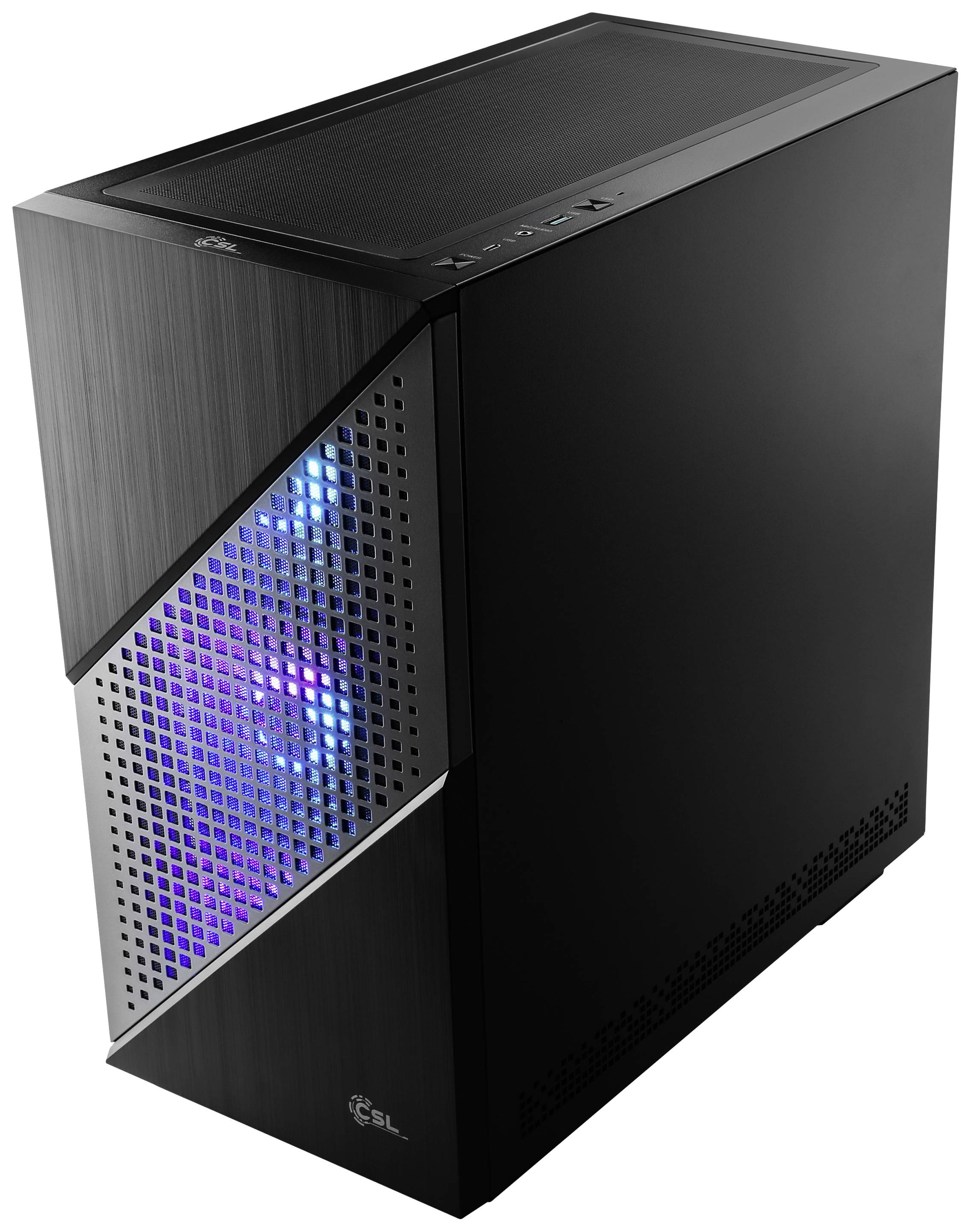 Černá počítačová skříň s modrými LED světly uvnitř, která ukazuje moderní design a boční větrací otvory.
