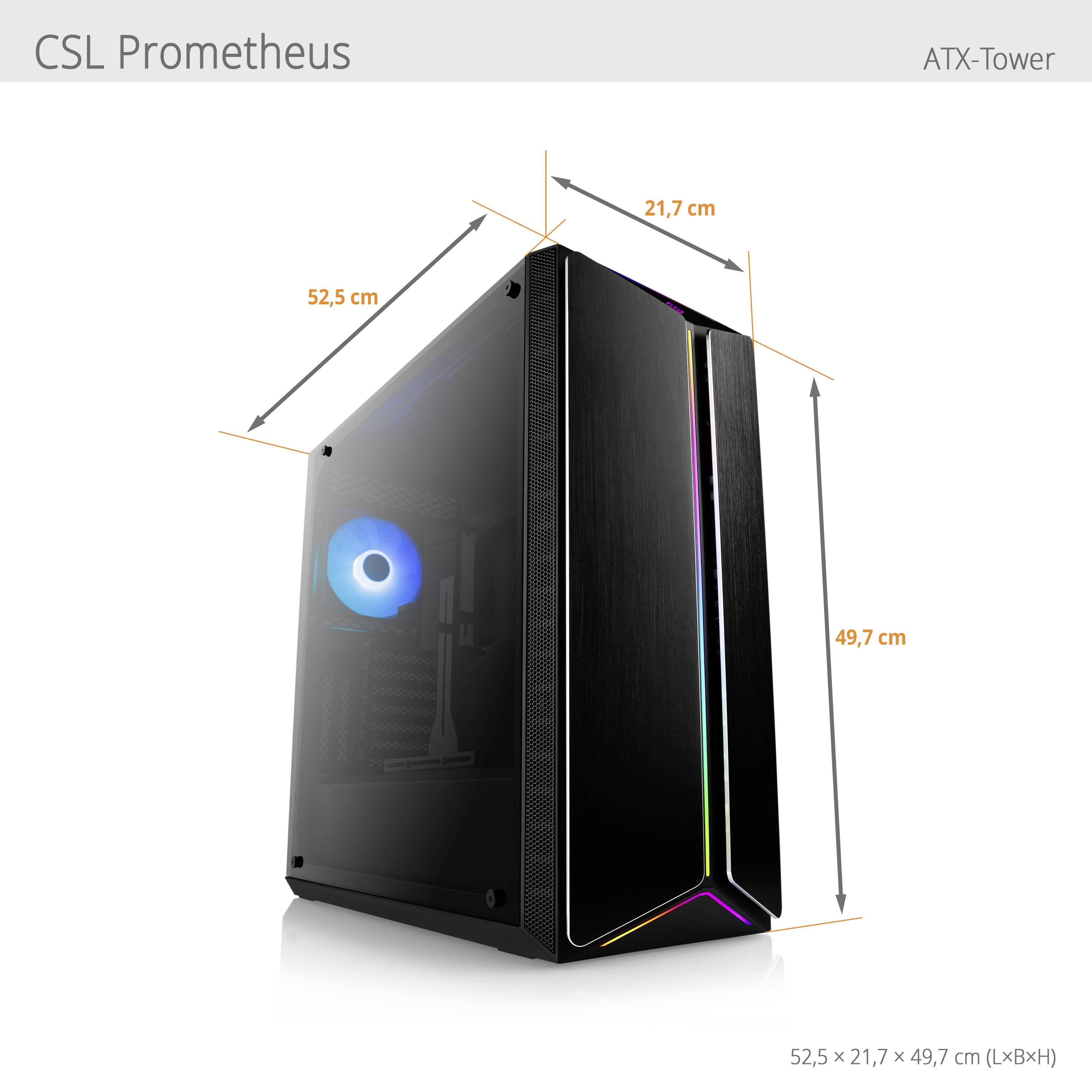 Černá počítačová skříň ATX tower s RGB podsvícením a prosklenou stranou. Rozměry: 52,5 x 21,7 x 49,7 cm (délka x šířka x výška).