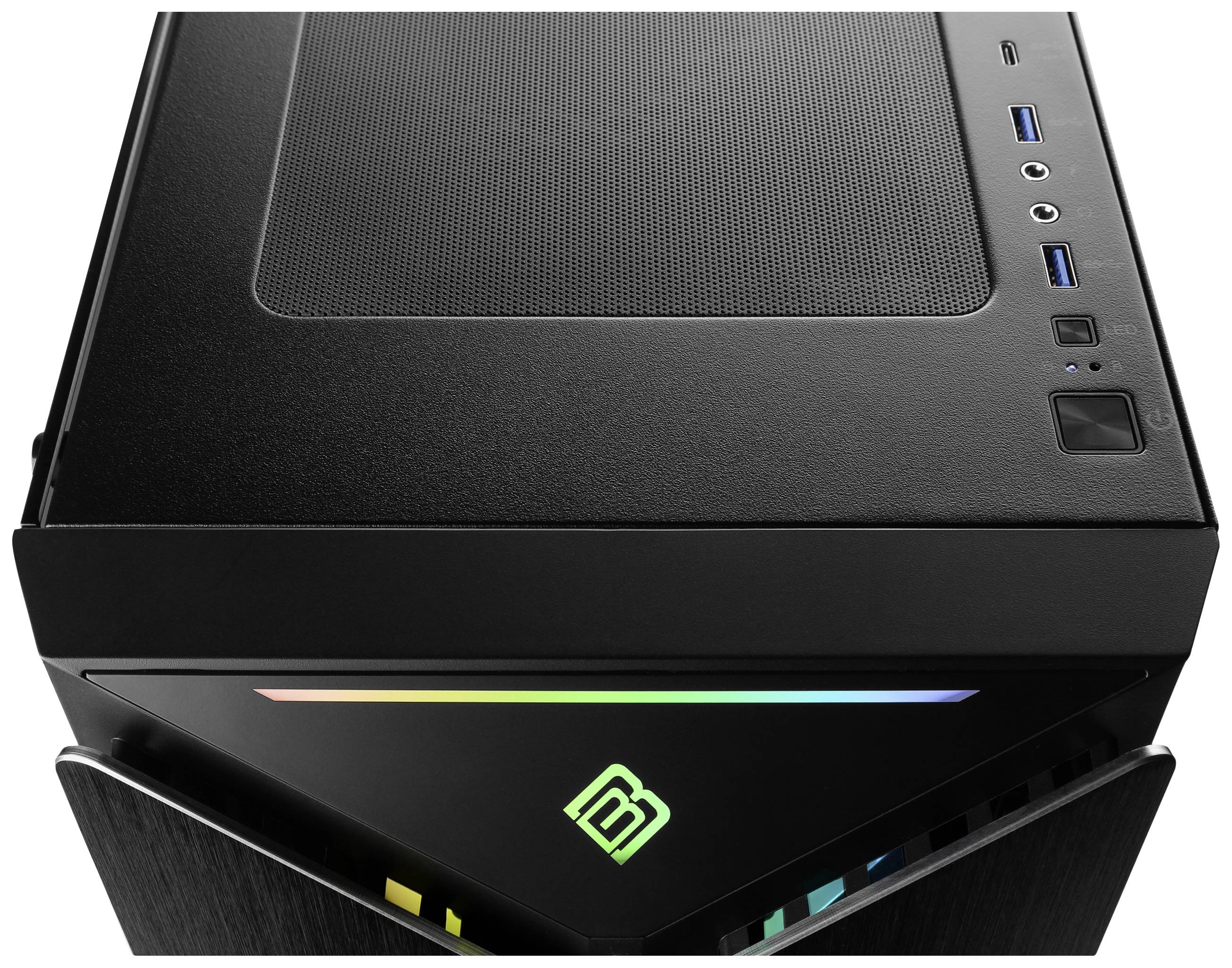 Černá počítačová skříň s RGB podsvícením nahoře, dvěma USB porty, audio konektory a osvětleným logem společnosti vpředu.
