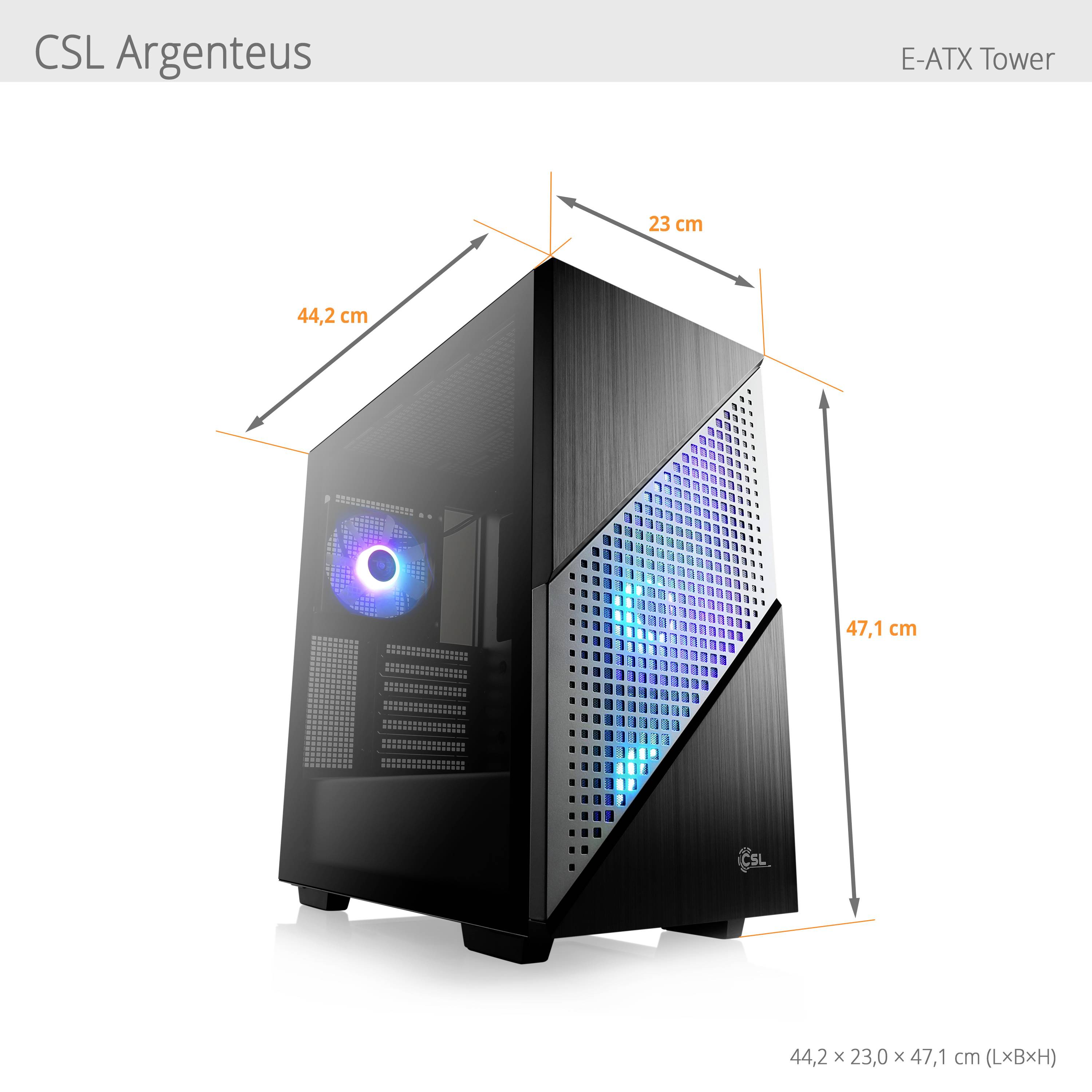 CSL Argenteus E-ATX Tower je 44,2 cm hluboký, 23 cm široký a 47,1 cm vysoký. Má osvětlený design ventilátoru a čelní mřížkový kryt.
