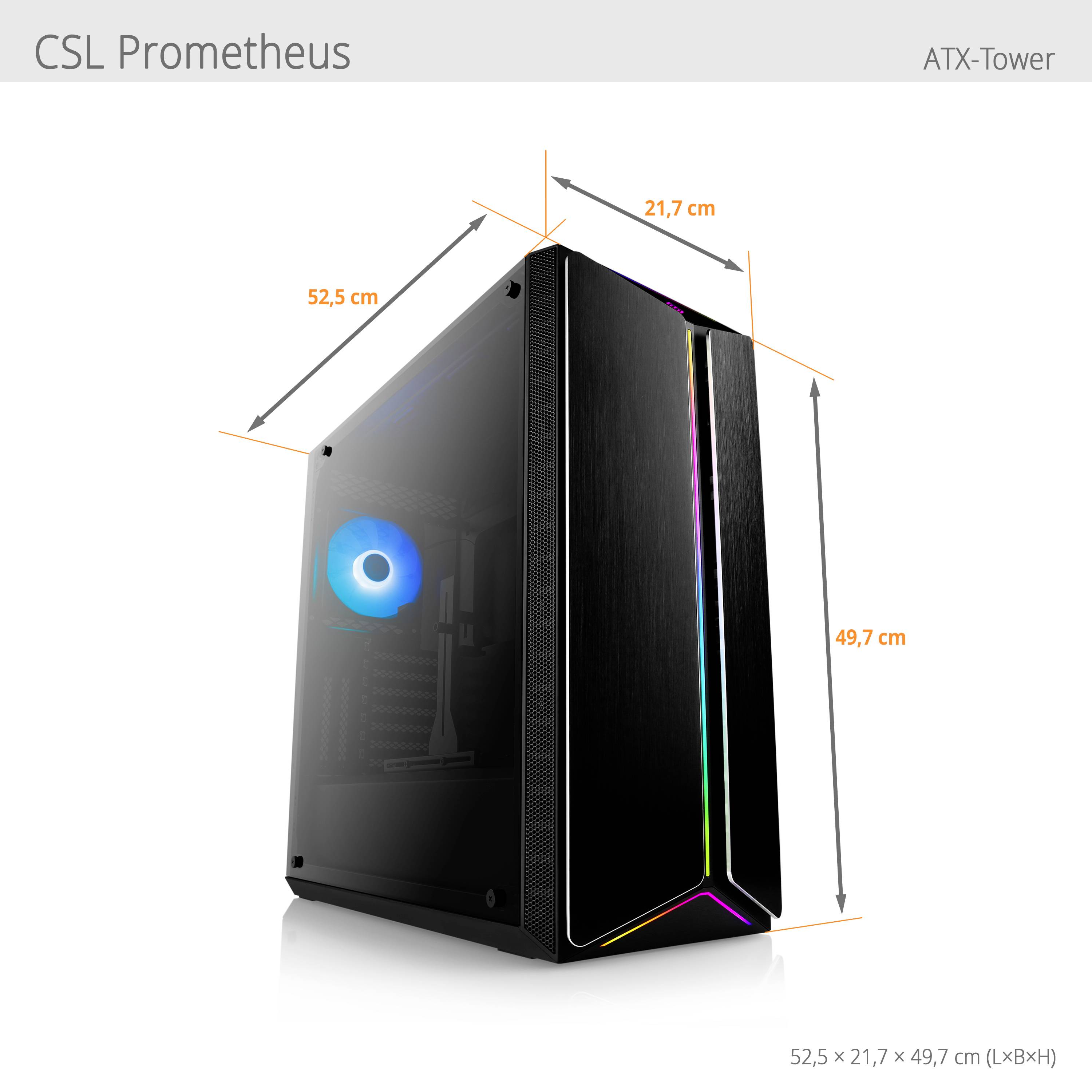 CSL Prometheus ATX-Tower: Černá skříň se skleněnou přední stranou, RGB podsvícení, rozměry 52,5 x 21,7 x 49,7 cm (délka x šířka x výška).