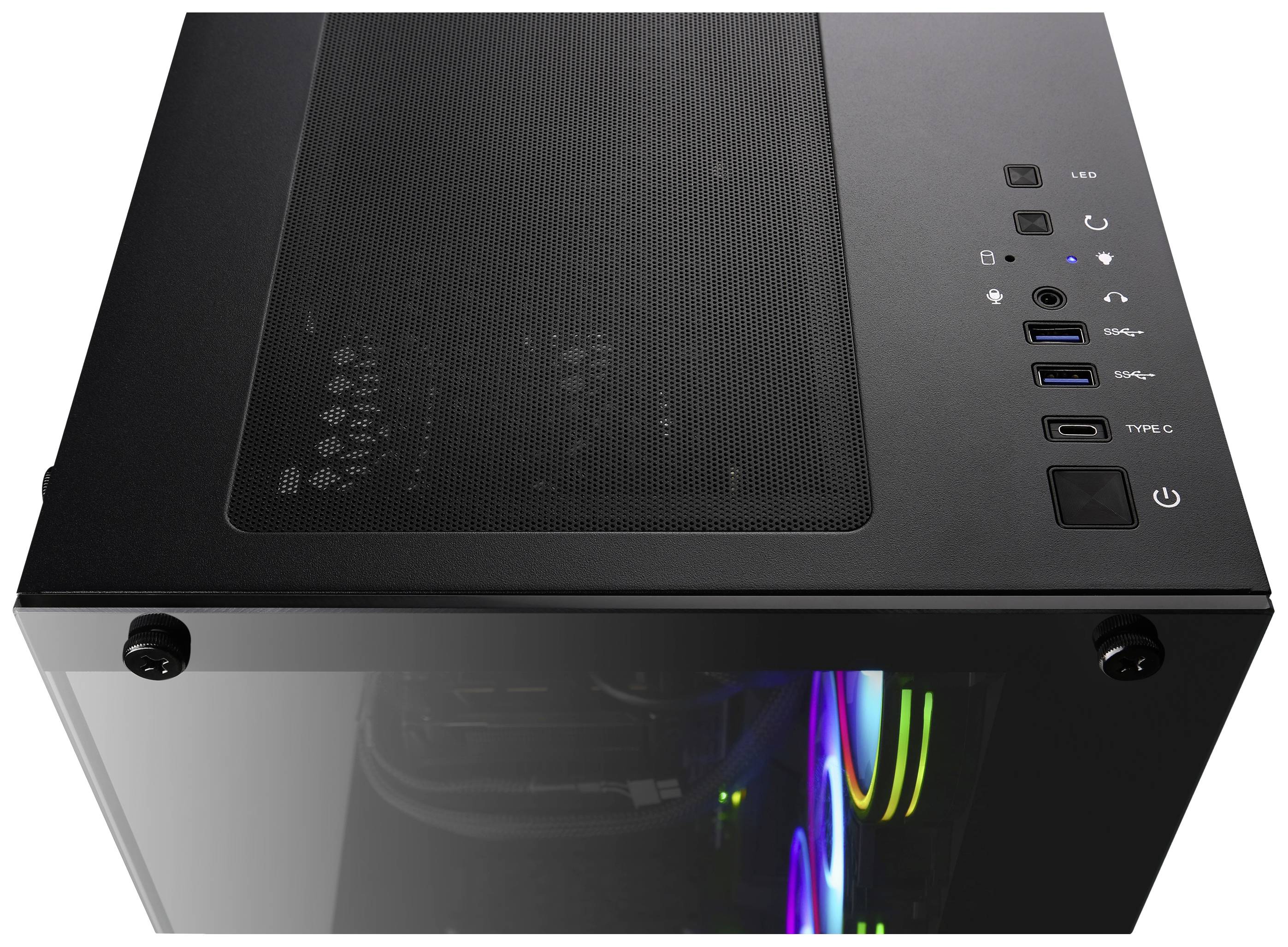 Černá počítačová skříň s prosklenou stranou, viditelnými ventilátory s RGB podsvícením a konektory nahoře, včetně USB portů a tlačítka napájení.