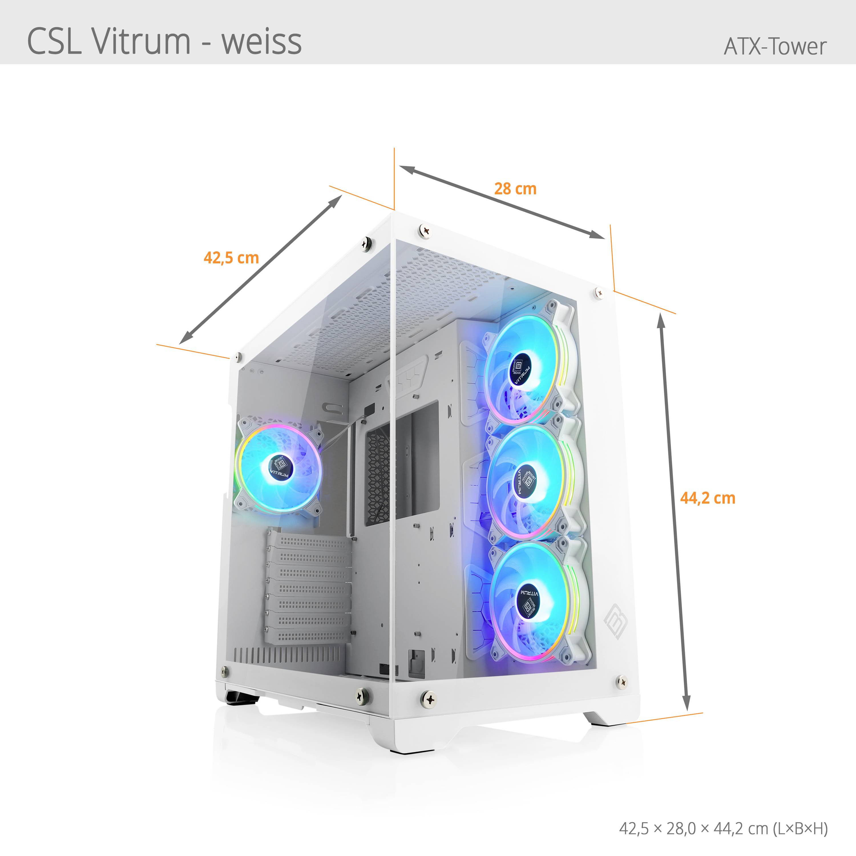 'CSL Vitrum - bílá ATX-věž' s osvětlenými ventilátory. Rozměry: 42,5 x 28,0 x 44,2 cm. Skříň na obrázku otevřená.