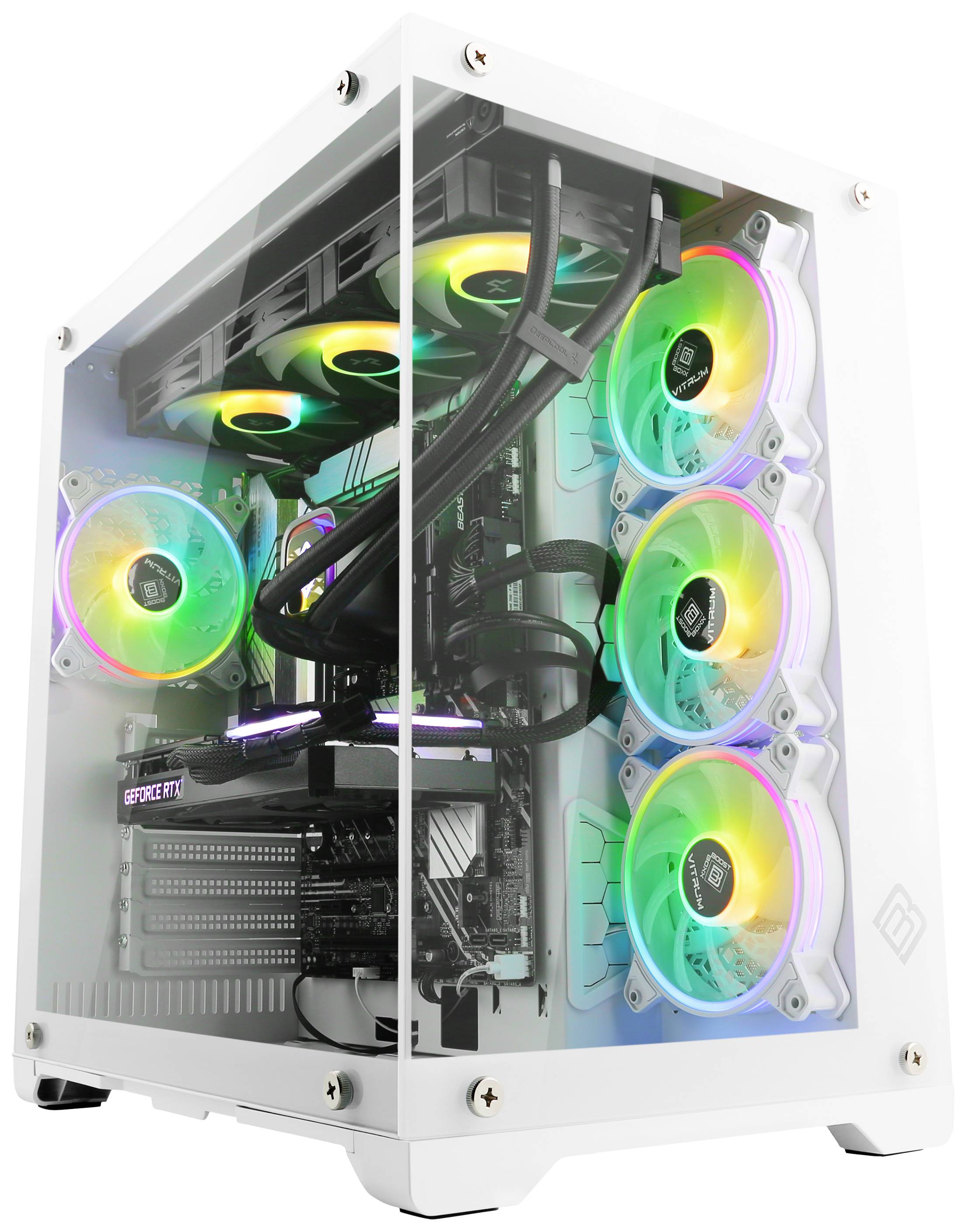 Bílý počítačový hardware s průhledným krytem, který odhaluje zářící, barevné ventilátory a vnitřní komponenty jako grafickou kartu a kabely.