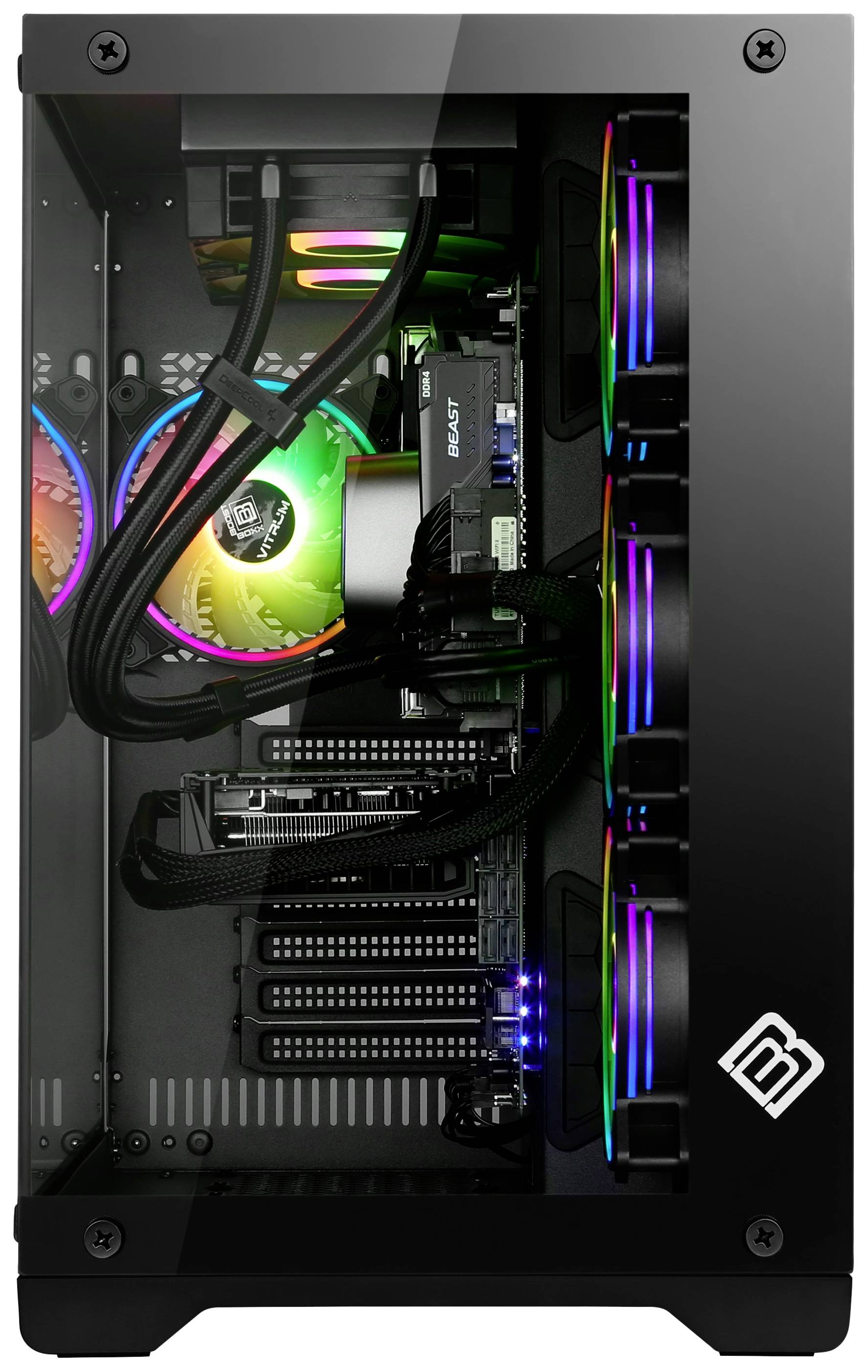 Průhledný PC case s barevným RGB osvětlením, viditelný jsou chladič CPU, grafická karta a ventilátory.