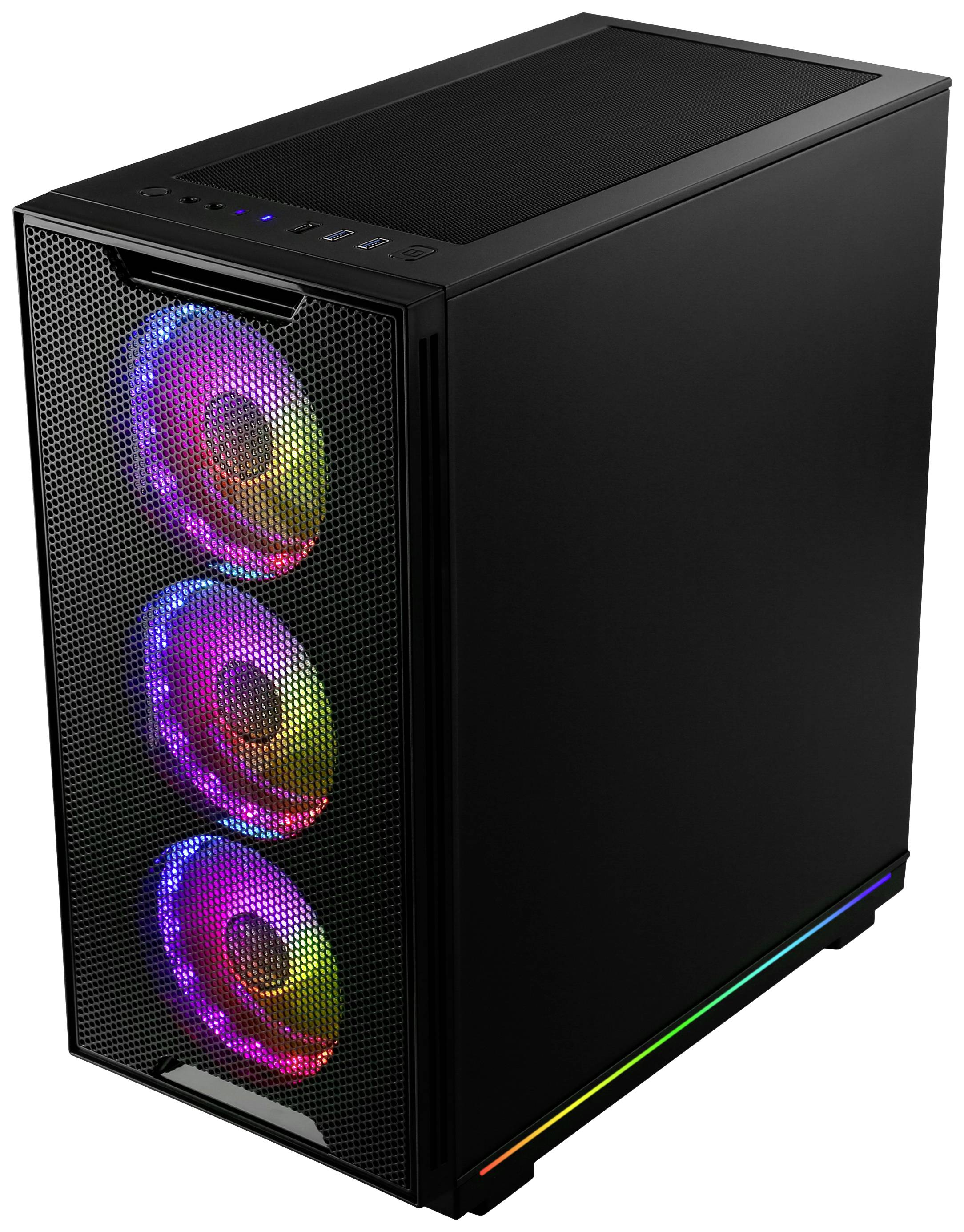 Černá počítačová skříň se třemi viditelnými, svítícími RGB ventilátory na přední straně.