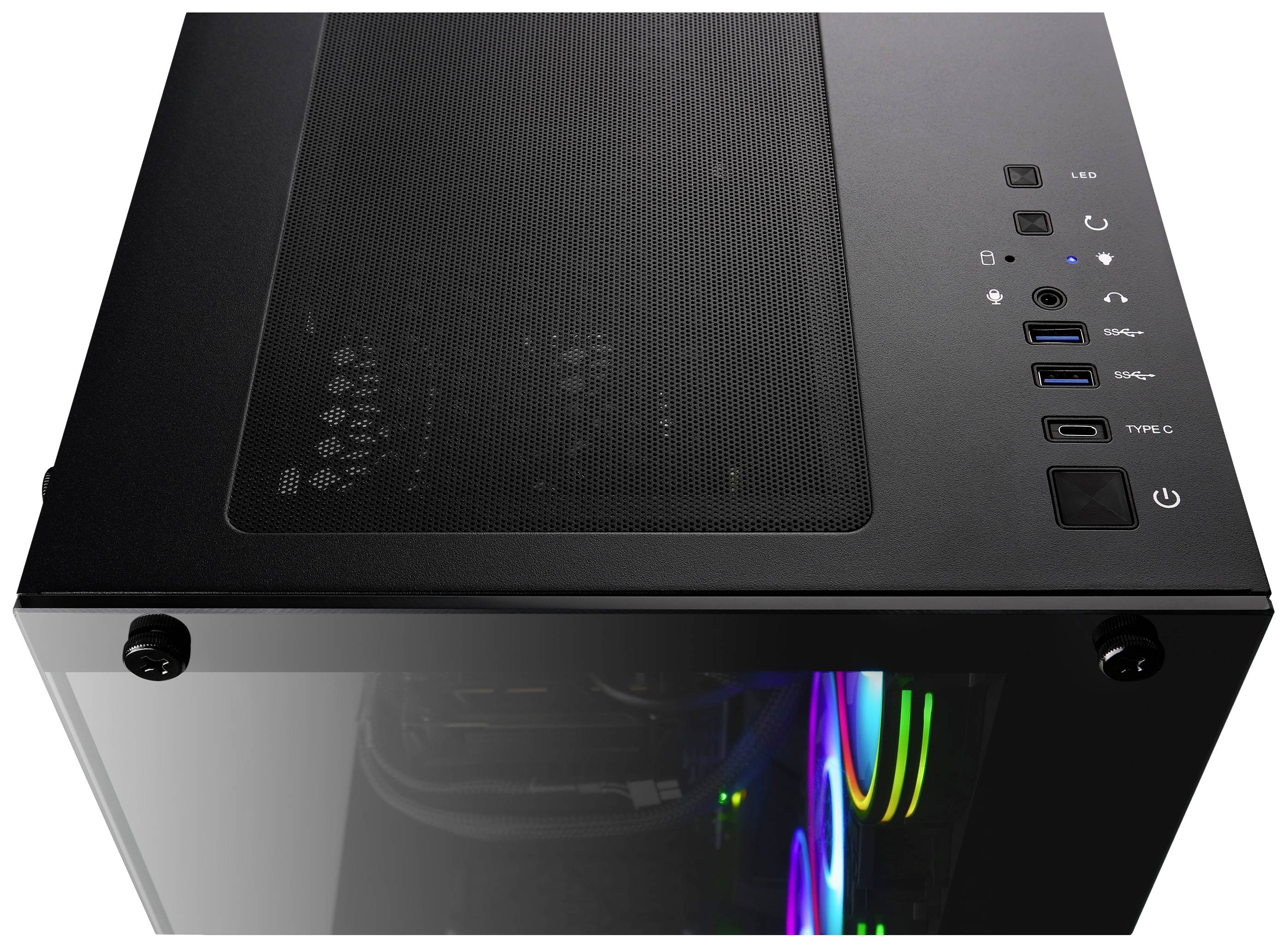 Černá počítačová skříň s prosklenou stranou odhaluje RGB podsvícené ventilátory uvnitř. Nahoře jsou viditelné USB porty a vypínač.