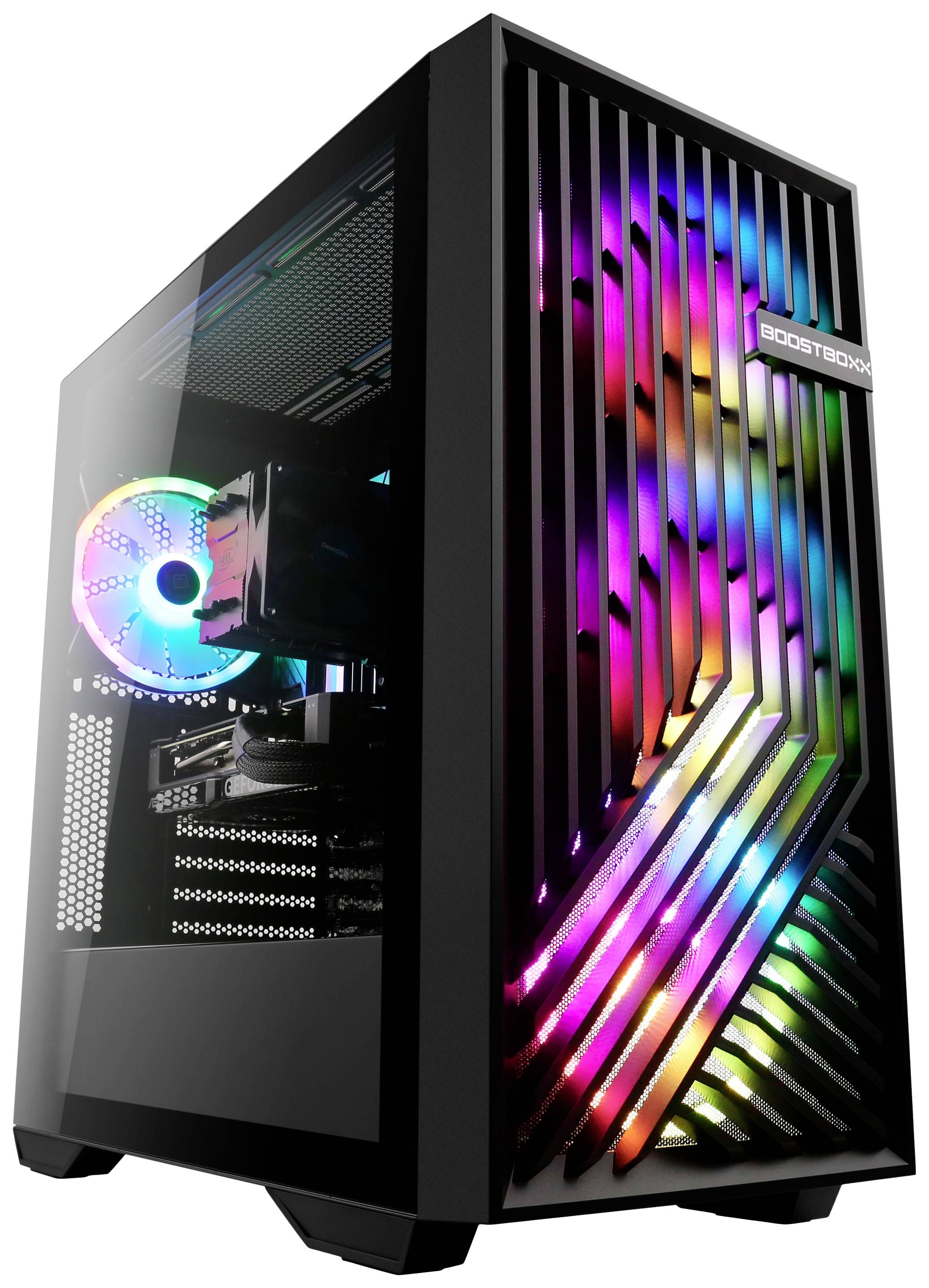 Černá počítačová skříň s průhlednou boční stěnou, ukazující barevné RGB podsvícení a ventilátory uvnitř.