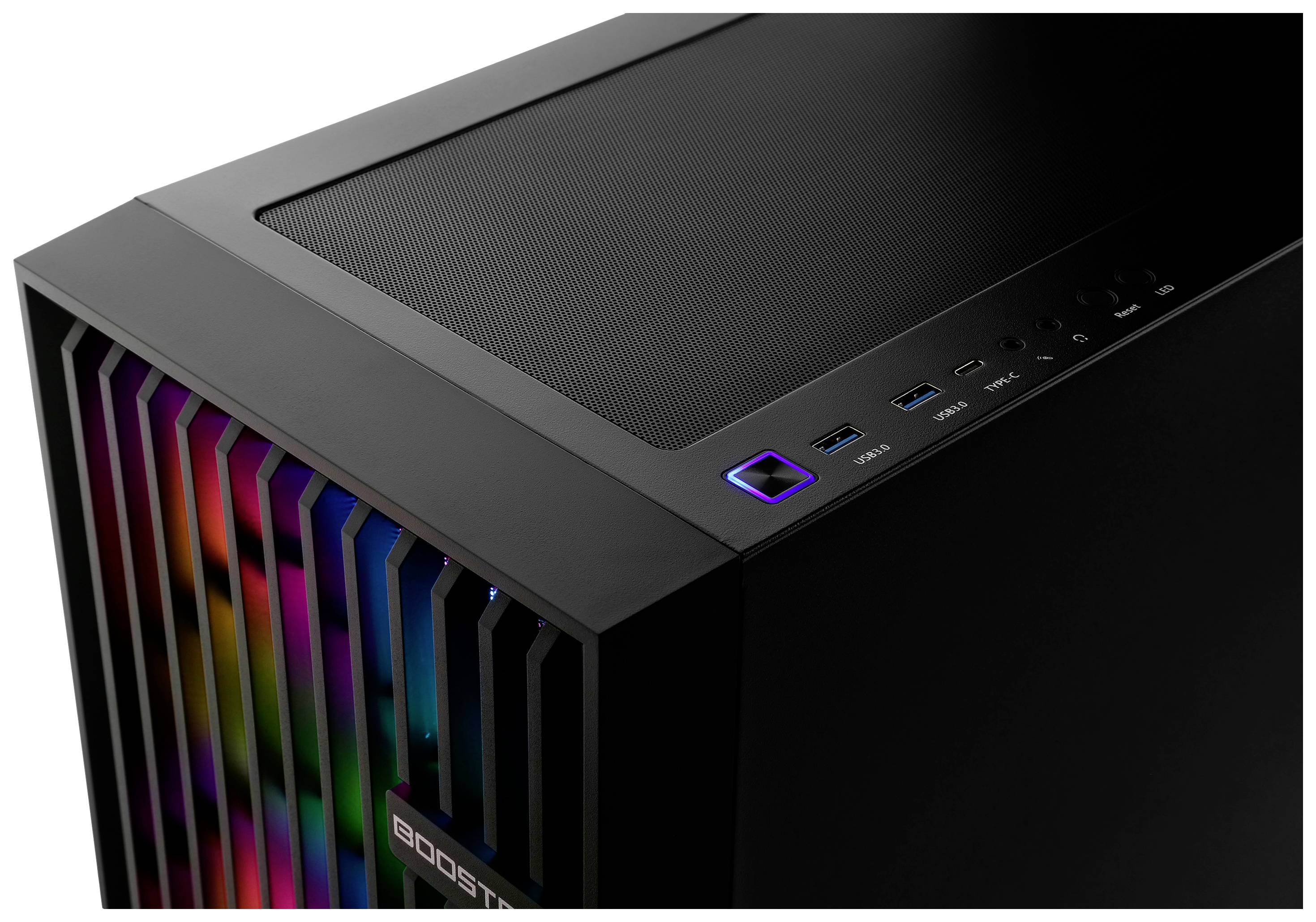 Černá počítačová skříň s barevnými LED světly na přední straně, USB porty a vypínačem nahoře.