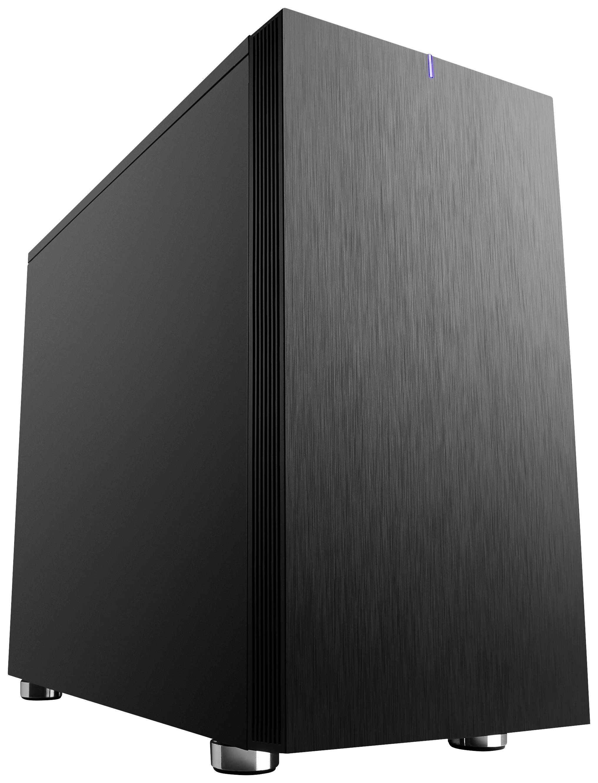 Černá, minimalistická počítačová skříň s modrým LED podsvícením nahoře.