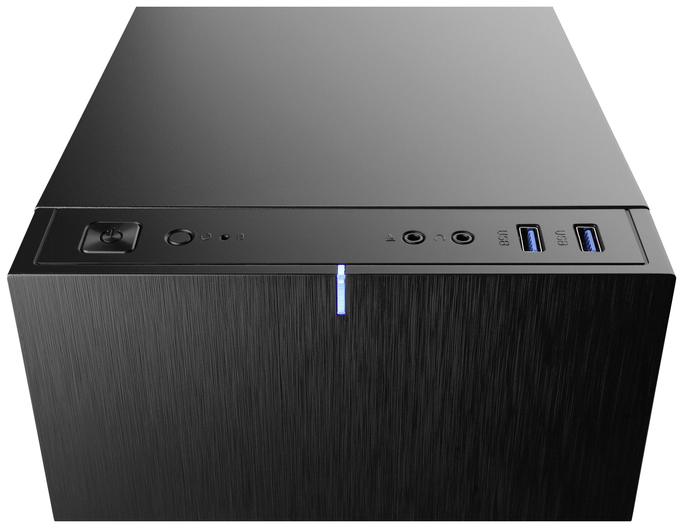 Černá počítačová skříň s přípojnými možnostmi na horní straně, včetně USB portů a konektoru pro sluchátka.
