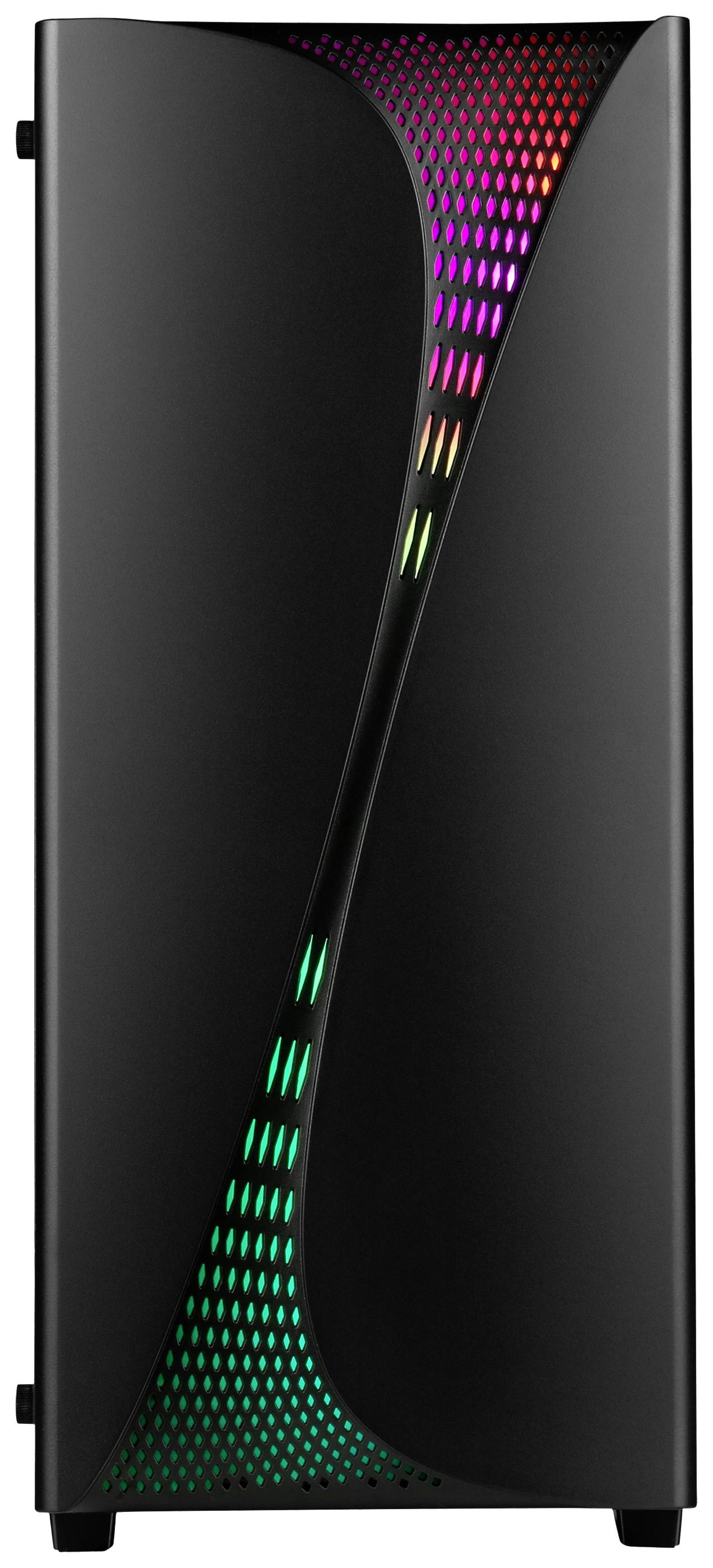 Černá počítačová skříň s elegantně zahnutým designem a RGB podsvícením v různých barvách na přední straně.